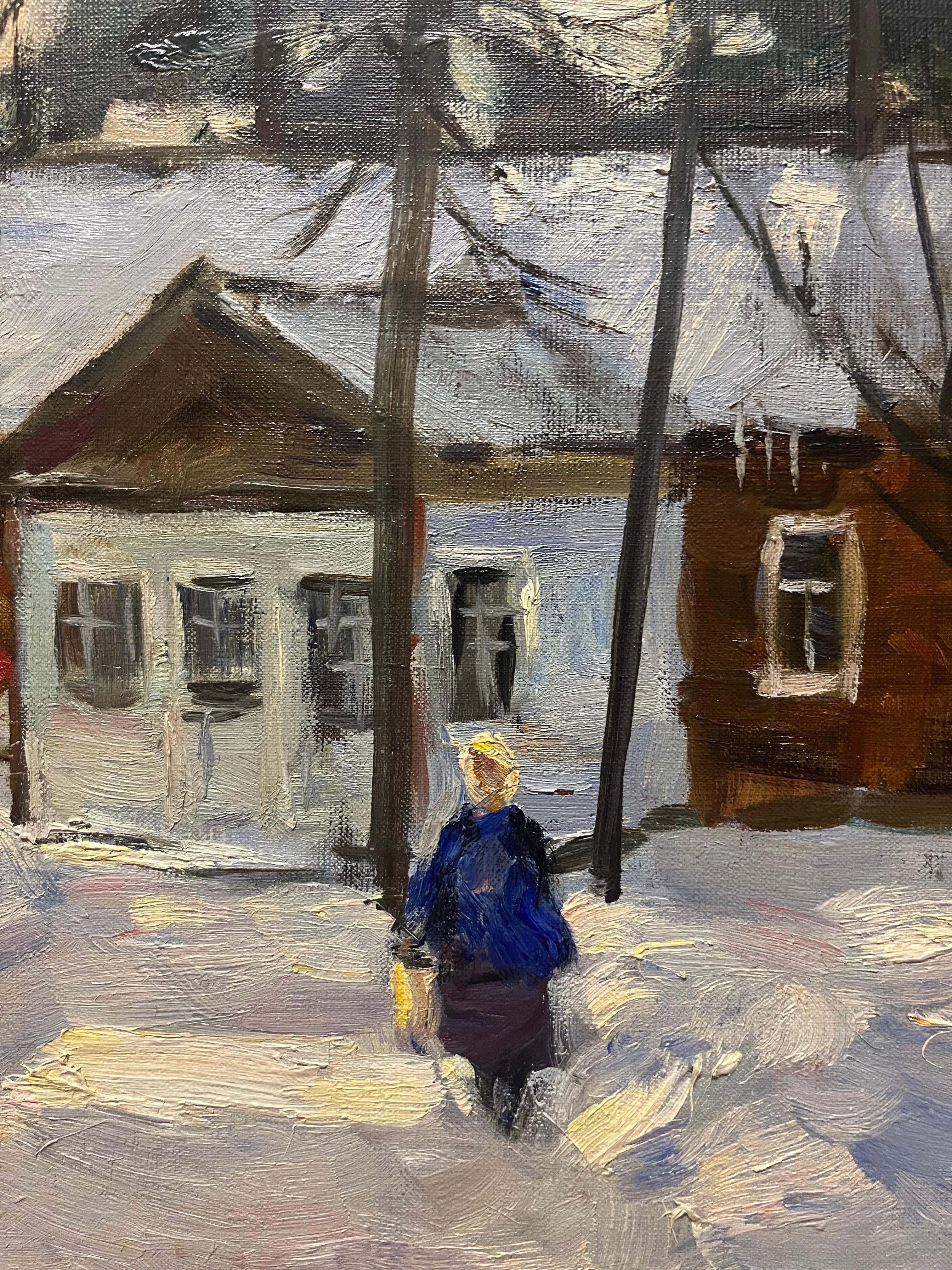 „Red house in the woods“ Winter, Öl cm.  55 x 41  1984 im Angebot 1