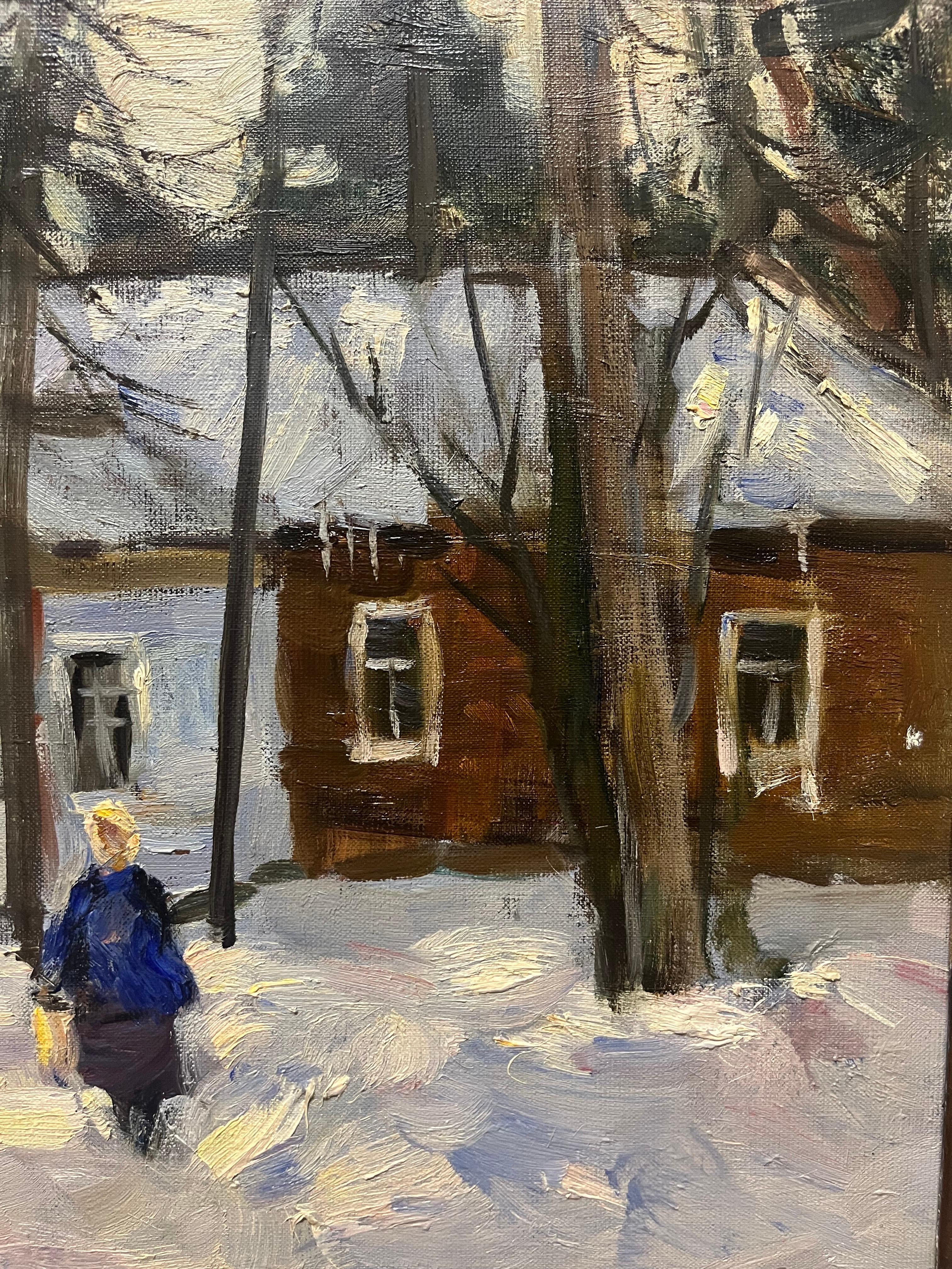 « Red House in the woods » hiver, cm d'ombre.  55 x 41  1984 - Marron Figurative Painting par Boris LAVRENKO