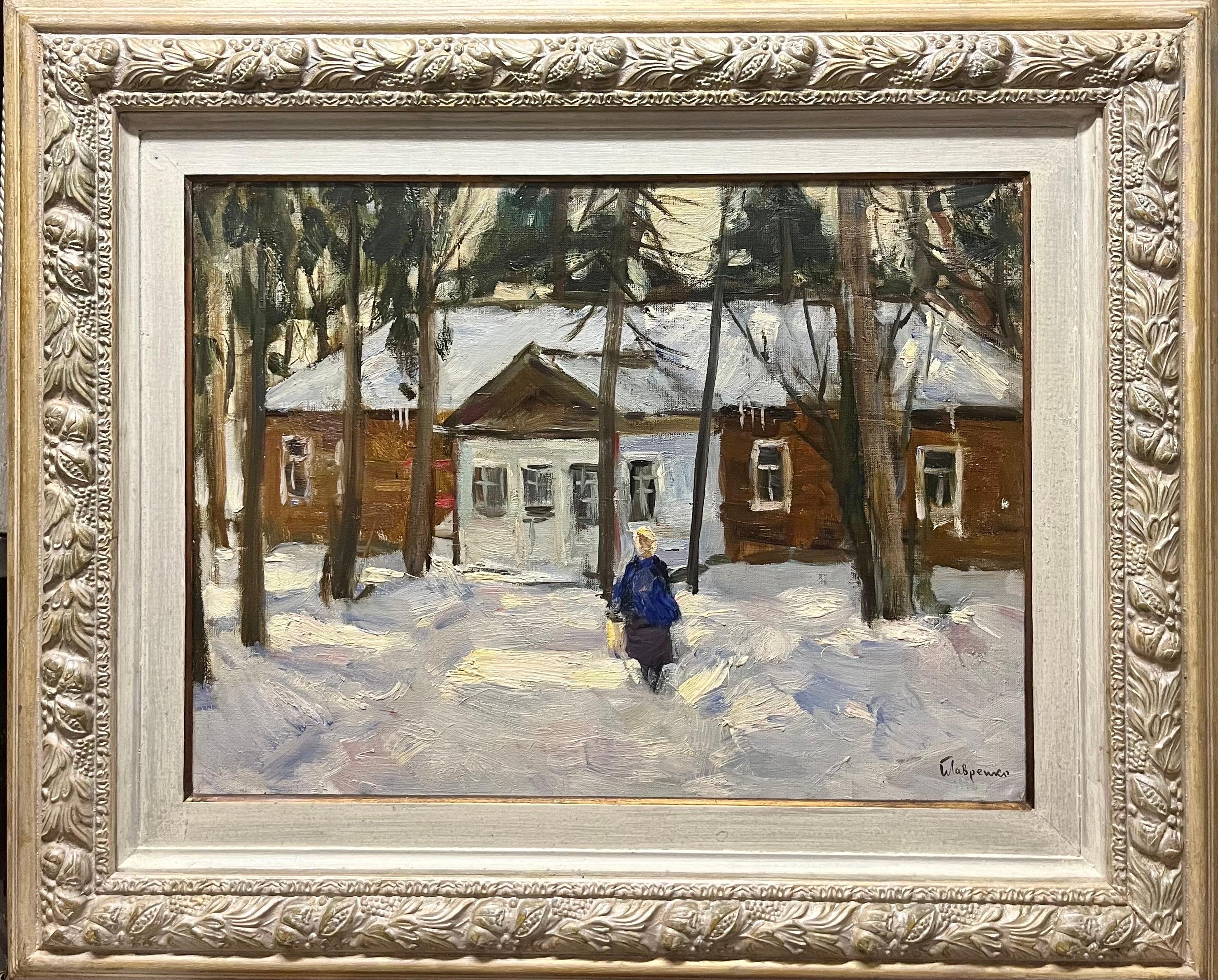 Boris LAVRENKO Figurative Painting - "Red house in the woods" winter, Oil cm.  55 x 41  1984