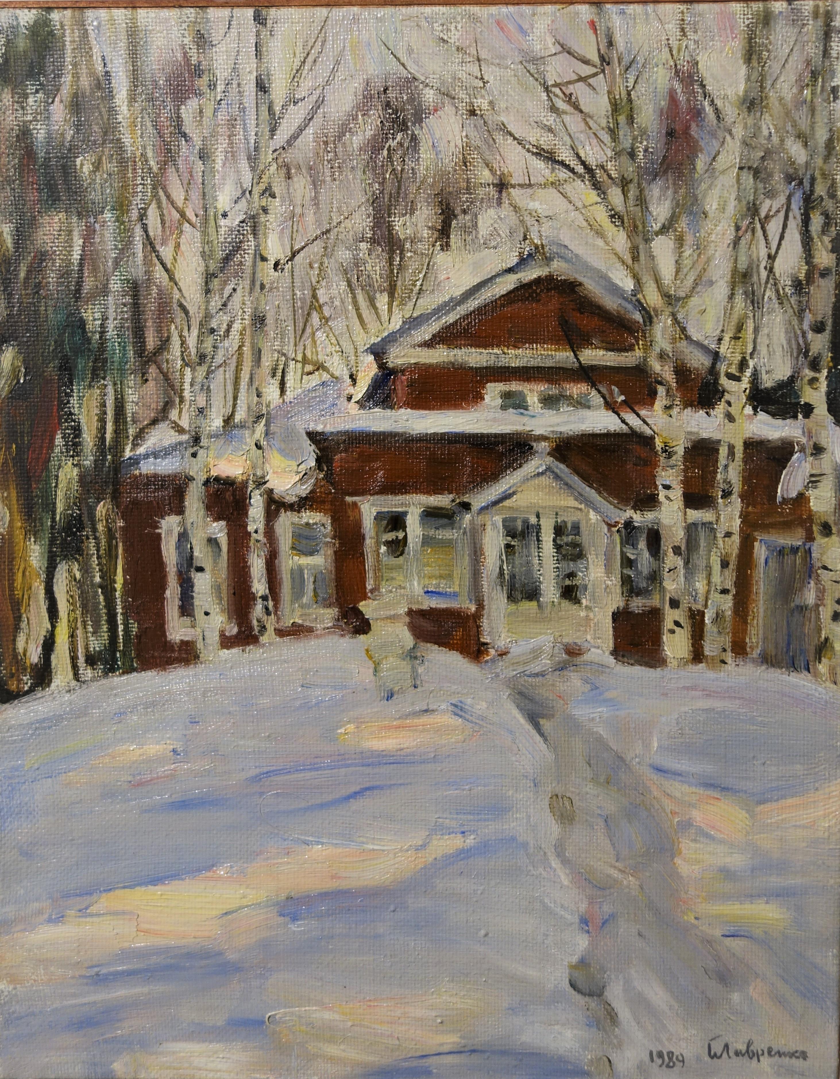 « Maison rouge », forêt, blanc, rouge, Noël, huile  cm. 34 x 43  1989 - Painting de Boris LAVRENKO