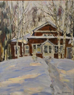 "Red house" Snow, Forest, White, Red, Christmas, Oil  cm. 34 x 43  1989