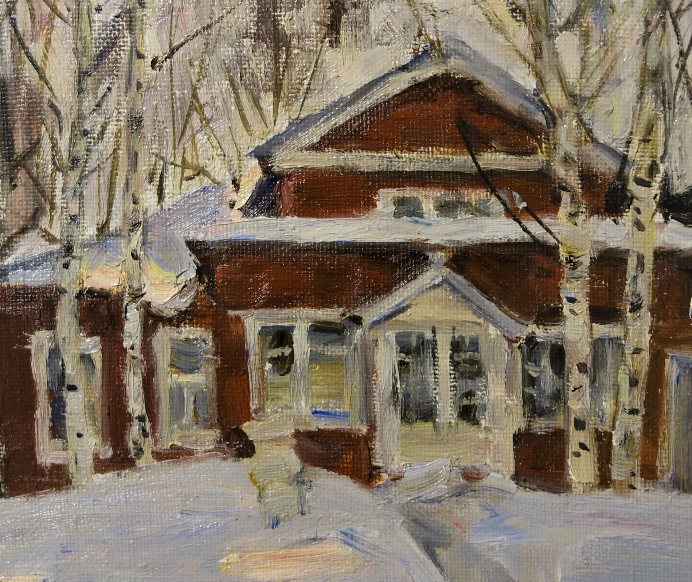 « Maison rouge », forêt, blanc, rouge, Noël, huile  cm. 34 x 43  1989 - Impressionnisme Painting par Boris LAVRENKO