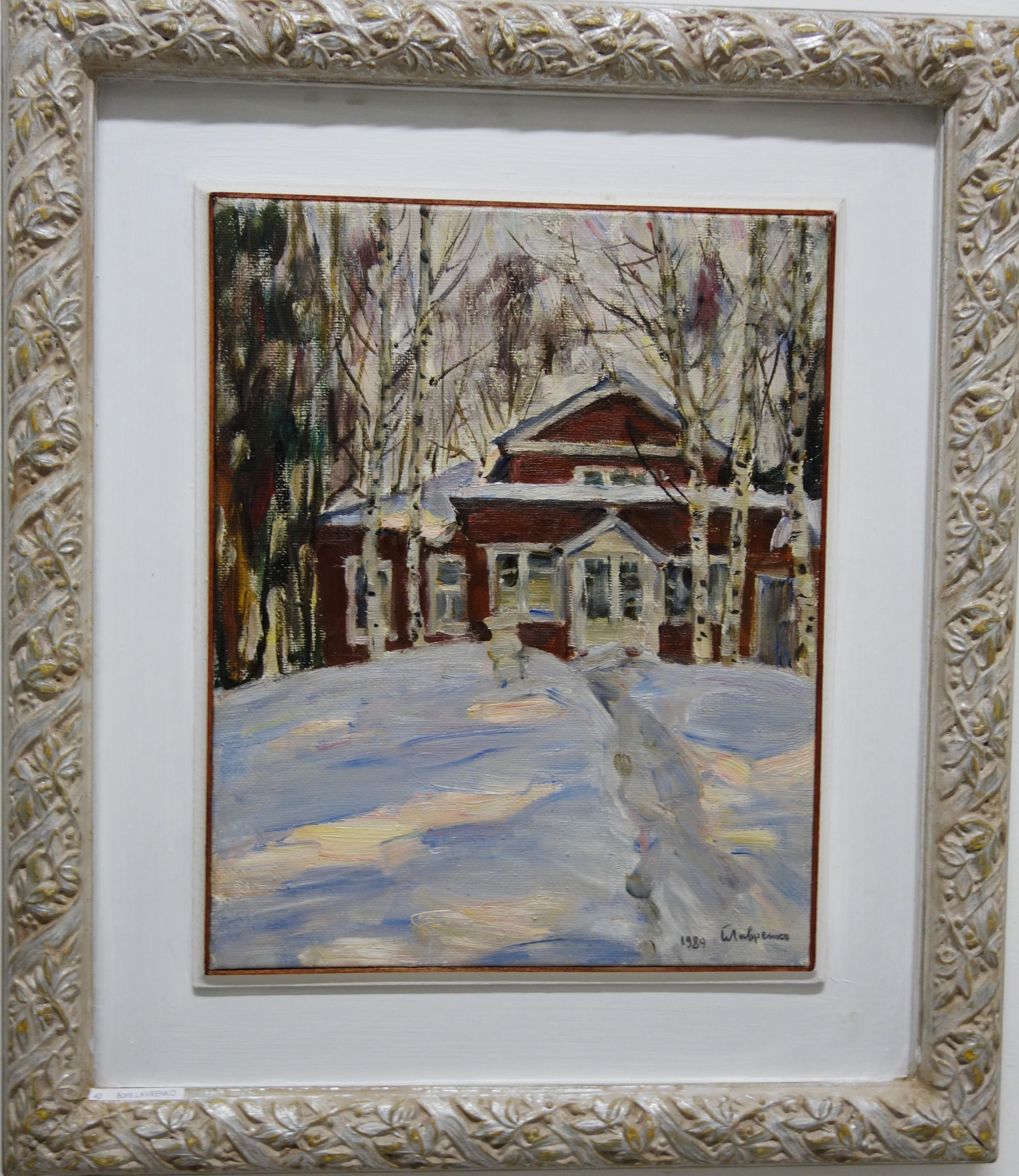 Boris LAVRENKO Figurative Painting - "Red house" Snow, Forest, White, Red, Christmas, Oil  cm. 34 x 43  1989
