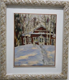 « Maison rouge », forêt, blanc, rouge, Noël, huile  cm. 34 x 43  1989