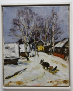 Sled in the snow (Russia)  cm. 43 x 53  oil 1990 free shipping