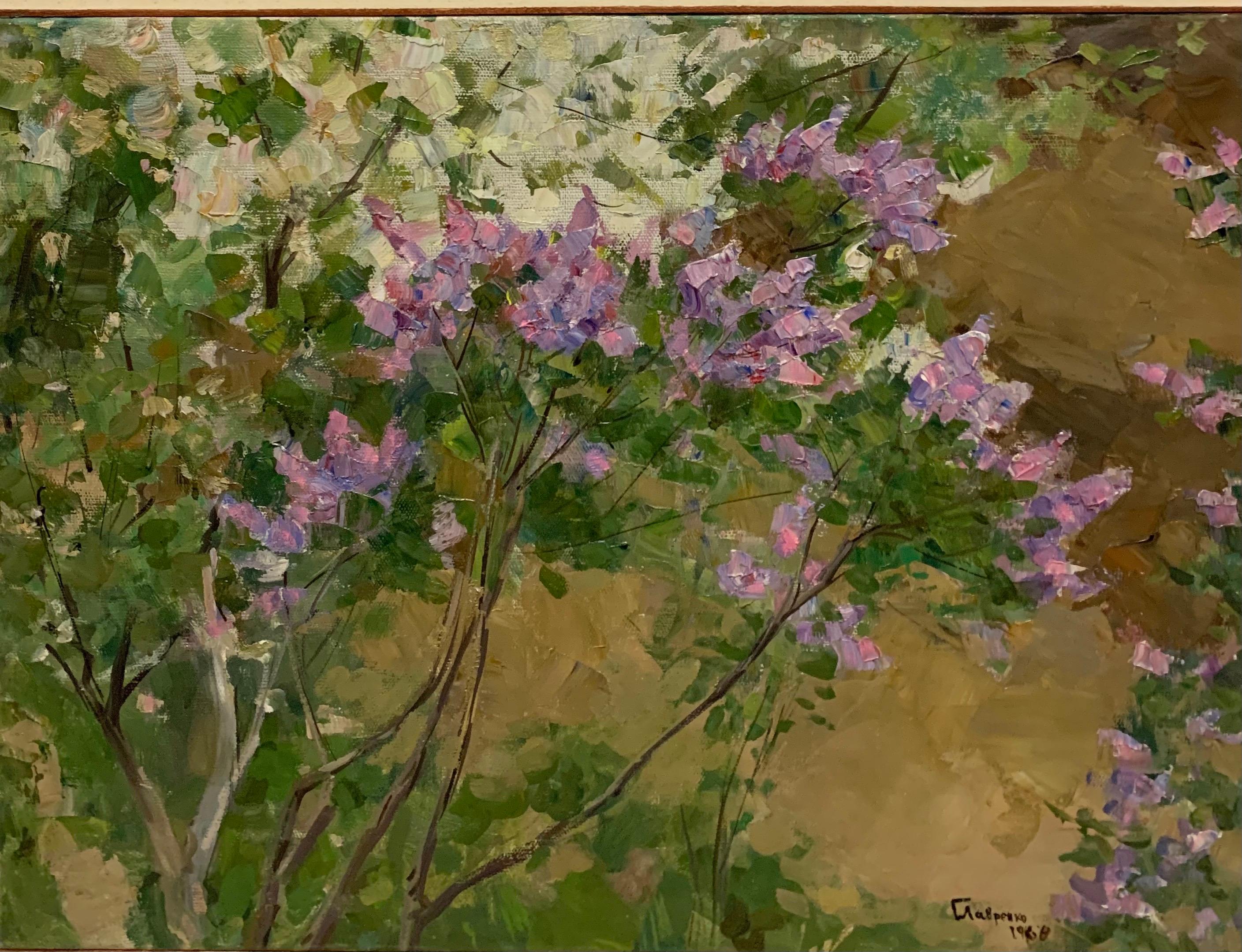 « Printemps », cm. 60 x 44  1968 fleurs, printemps, vert violet - Painting de Boris LAVRENKO