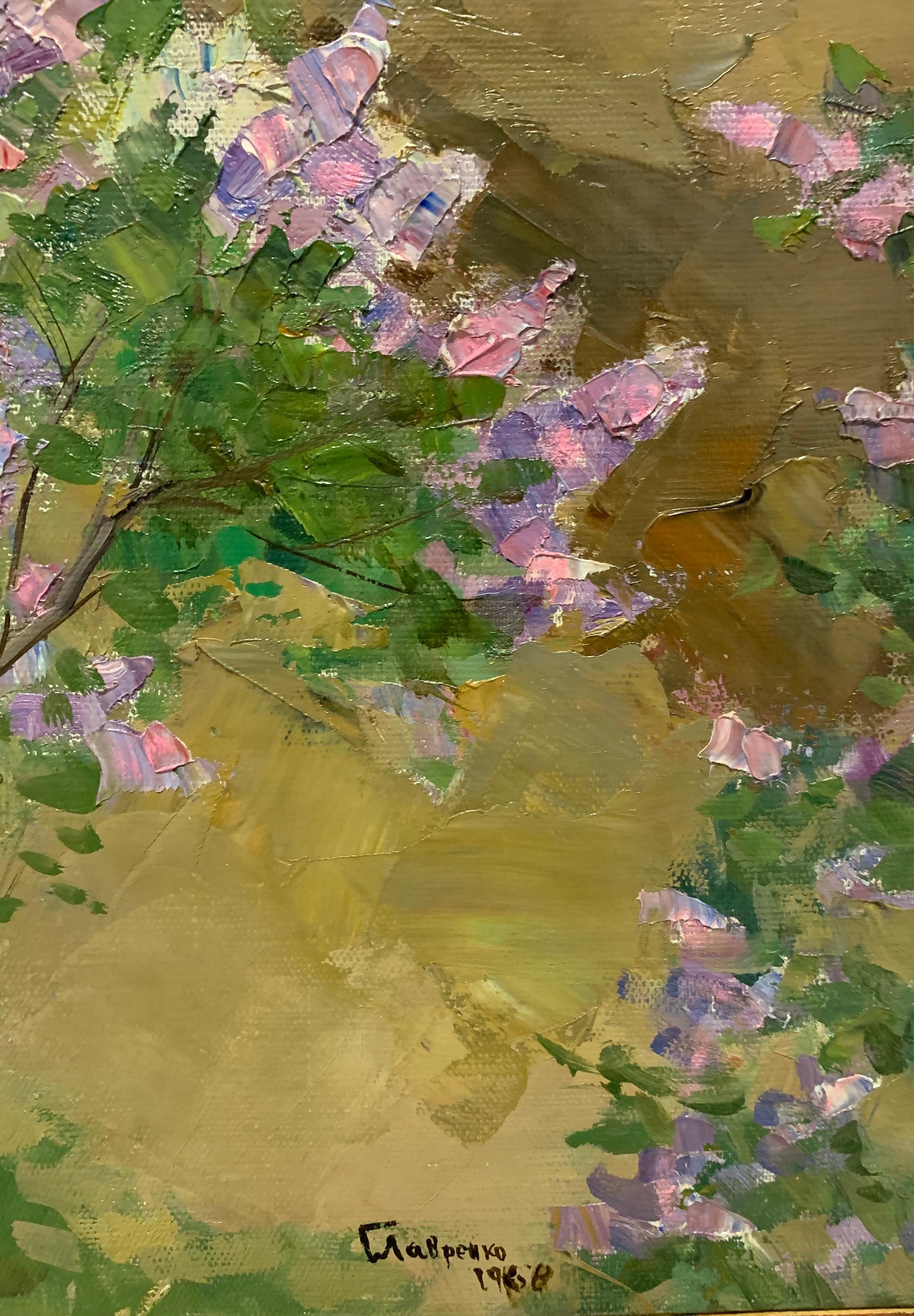 „Spring“, Ölgemälde, cm. 60 x 44  1968 Blumen, Frühling, grün-lila (Impressionismus), Painting, von Boris LAVRENKO