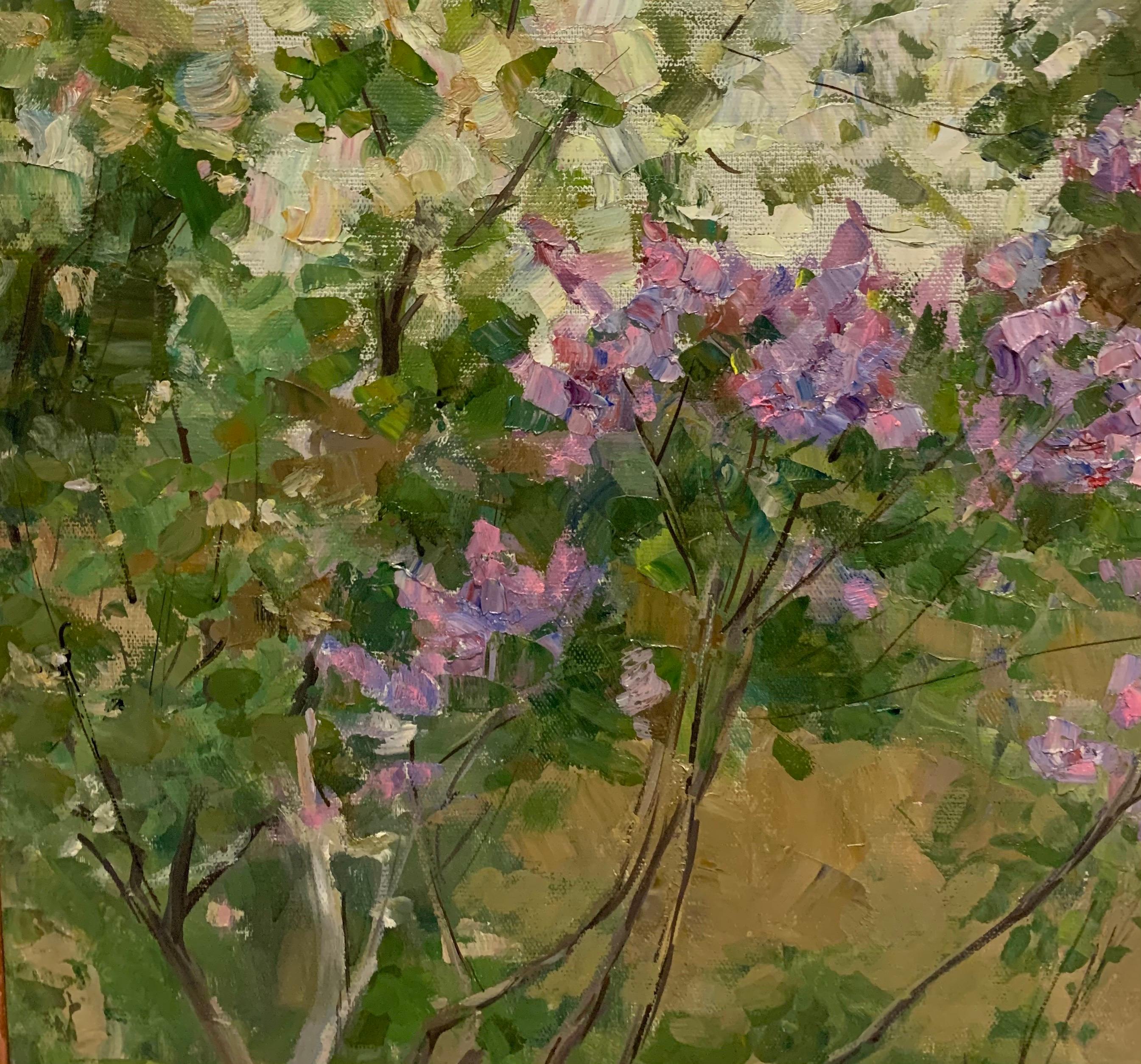 „Spring“, Ölgemälde, cm. 60 x 44  1968 Blumen, Frühling, grün-lila im Angebot 1