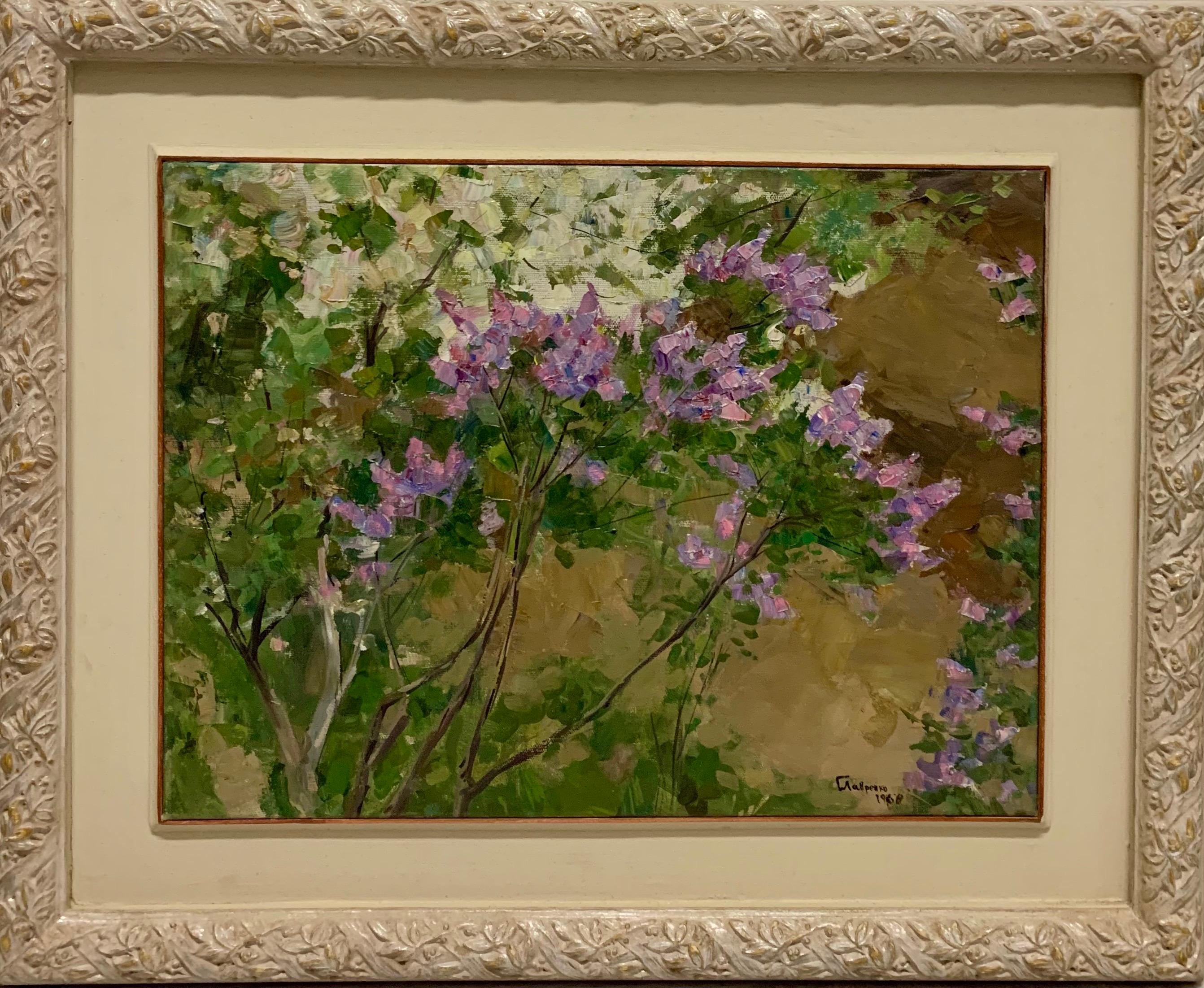 Boris LAVRENKO Figurative Painting - "Spring" Oil cm. 60 x 44  1968 flowers, spring, green purple