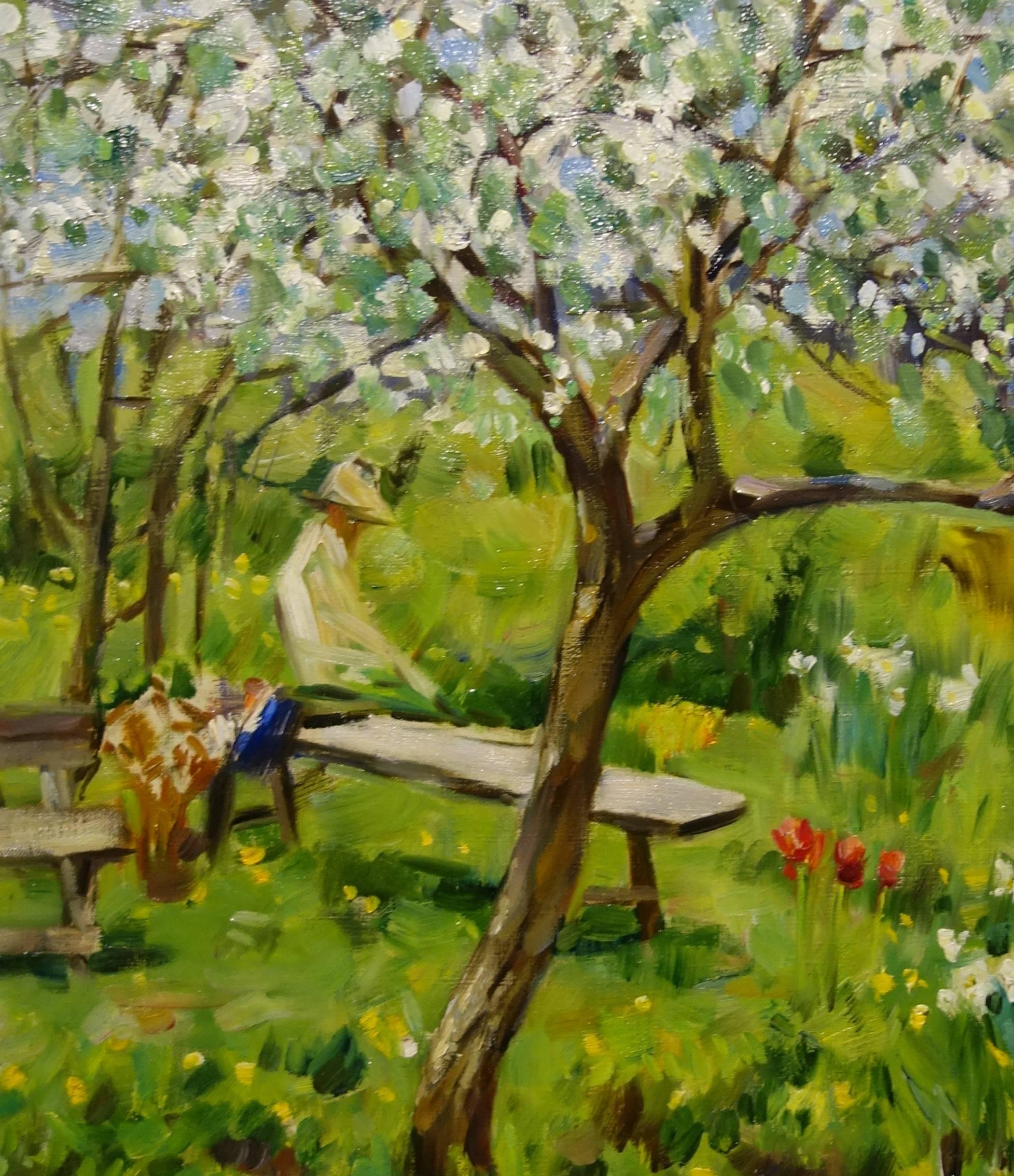 Trees in Bloom in my garden Green Garden Lavrenko Spring Oil cm 70 x 60 Canvas  - Painting by Boris LAVRENKO