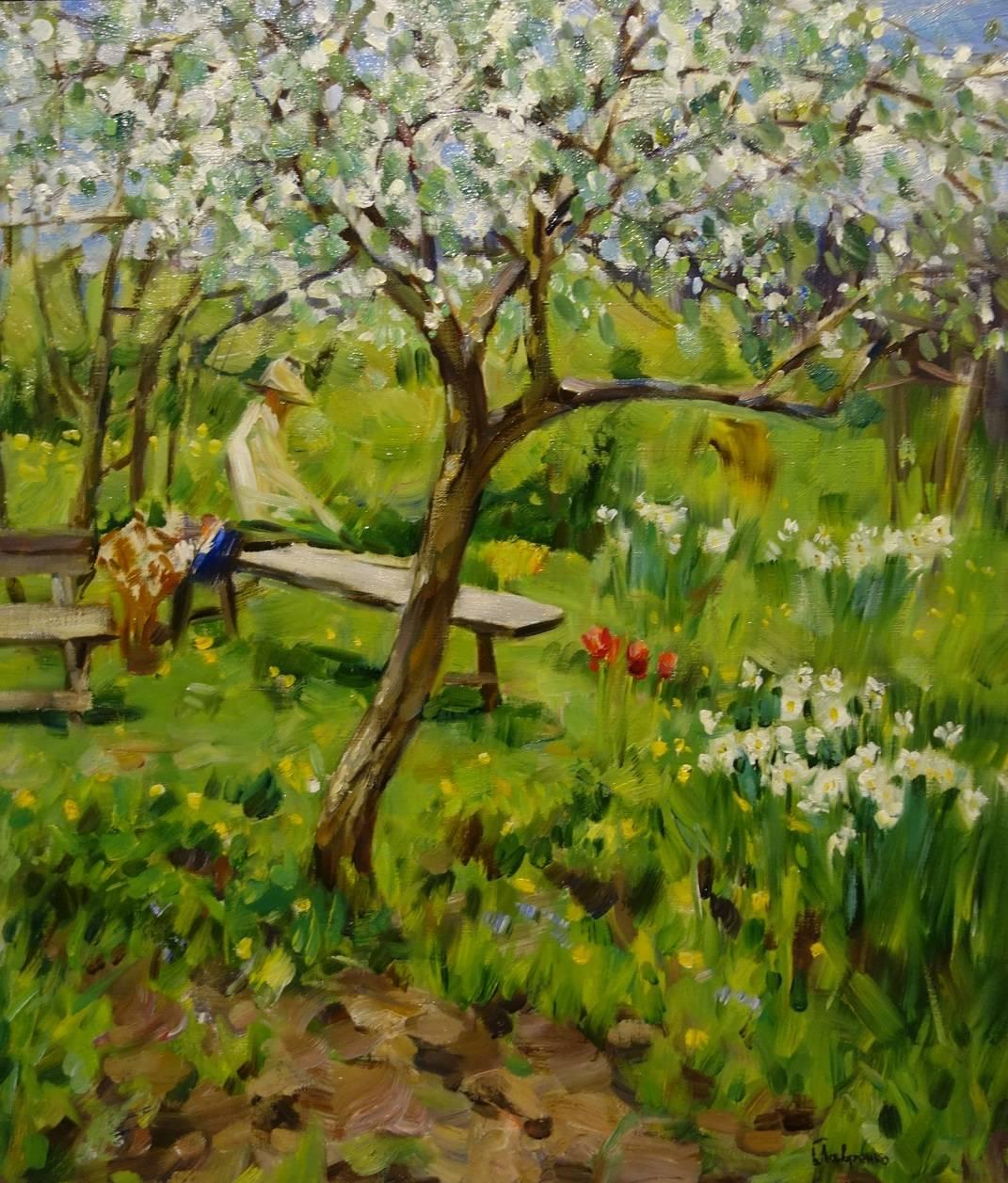 Boris LAVRENKO Figurative Painting - Trees in Bloom in my garden Green Garden Lavrenko Spring Oil cm 70 x 60 Canvas 