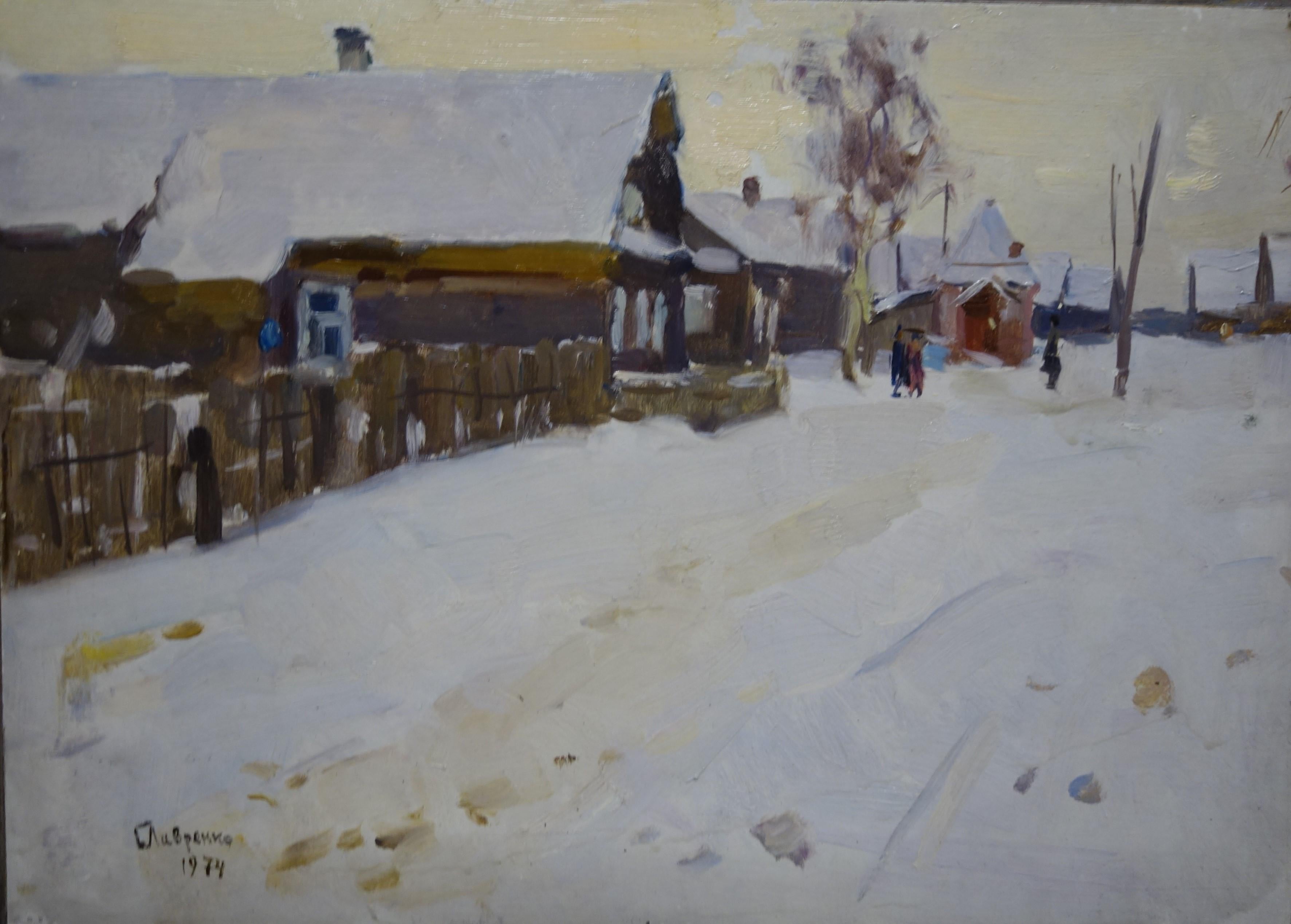 « Village in the snow » (ville dans la neige)   Paysage de neige, blanc, paysage, Noël  33 x 46 cm  1974 - Painting de Boris LAVRENKO