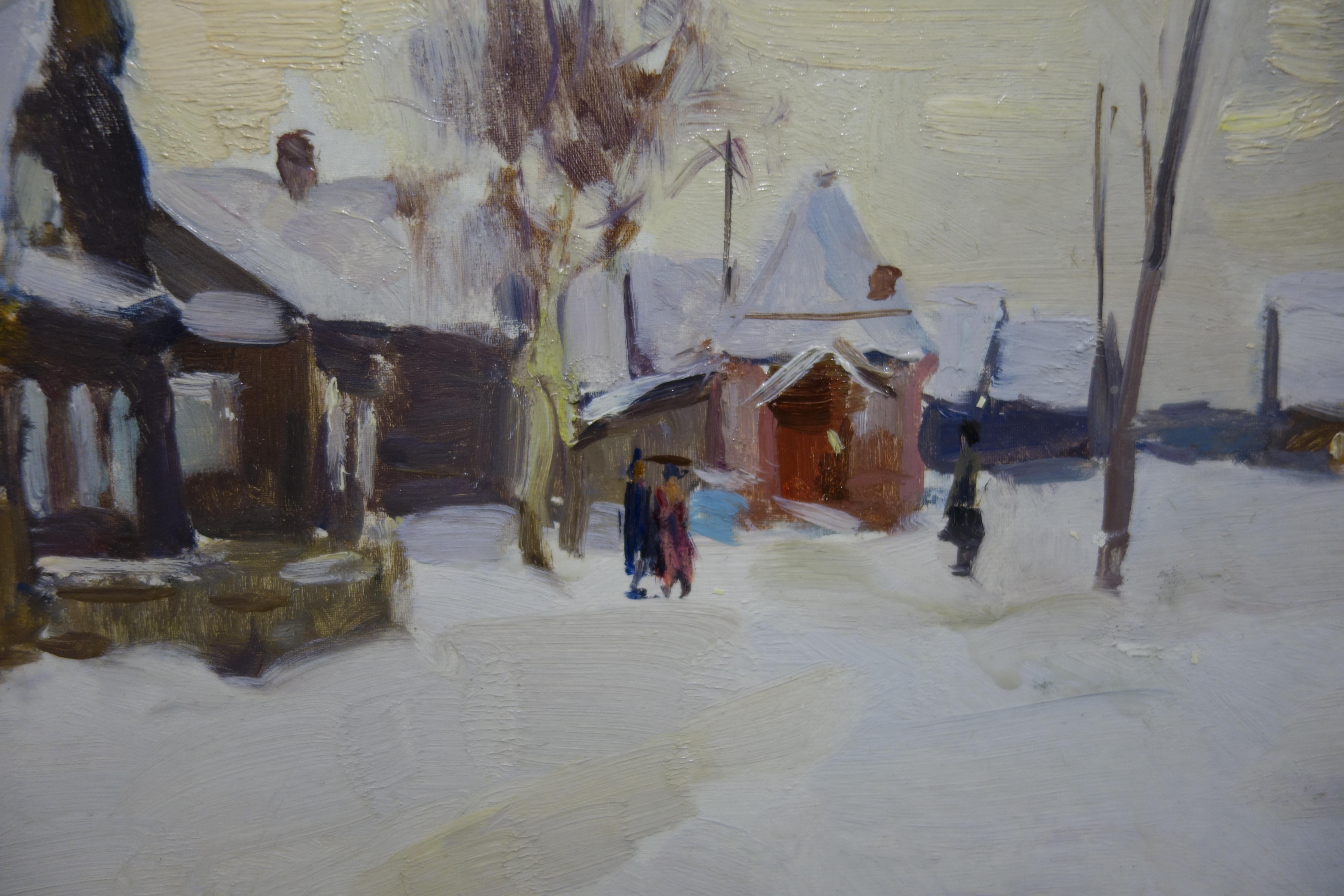 « Village in the snow » (ville dans la neige)   Paysage de neige, blanc, paysage, Noël  33 x 46 cm  1974 - Impressionnisme Painting par Boris LAVRENKO