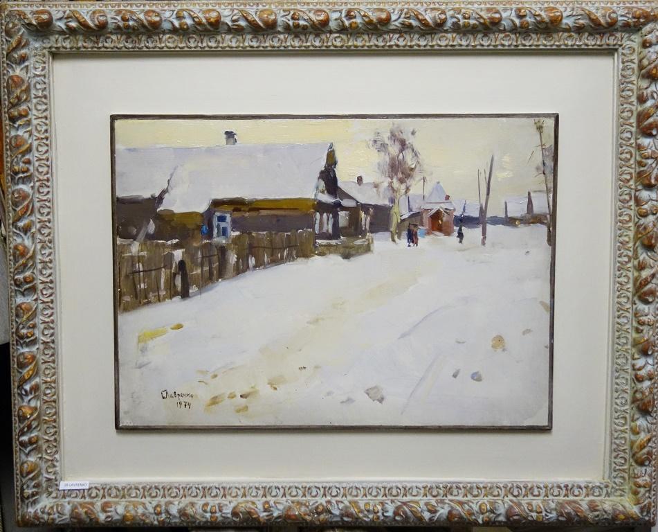 Landscape Painting Boris LAVRENKO - « Village in the snow » (ville dans la neige)   Paysage de neige, blanc, paysage, Noël  33 x 46 cm  1974