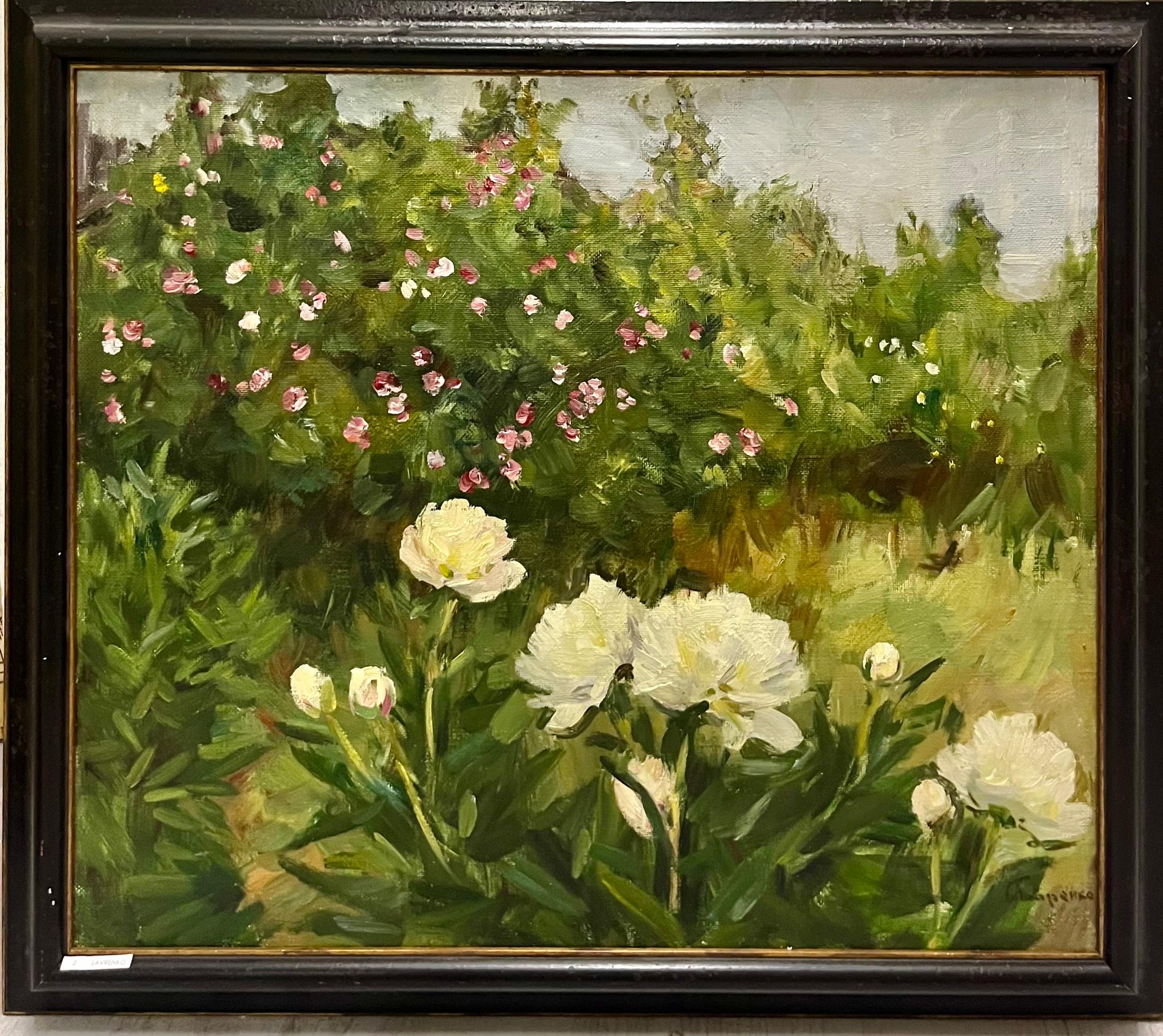 Boris LAVRENKO Figurative Painting - "White Peonies" Oil cm. 70 x 60 1980
