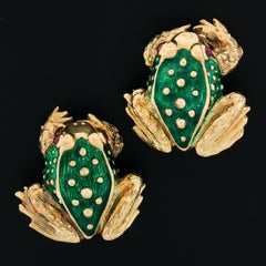 Boris Le Beau 18k Gold Detailed Green Enamel Ruby Eye Large Frog ClipOn Earrings