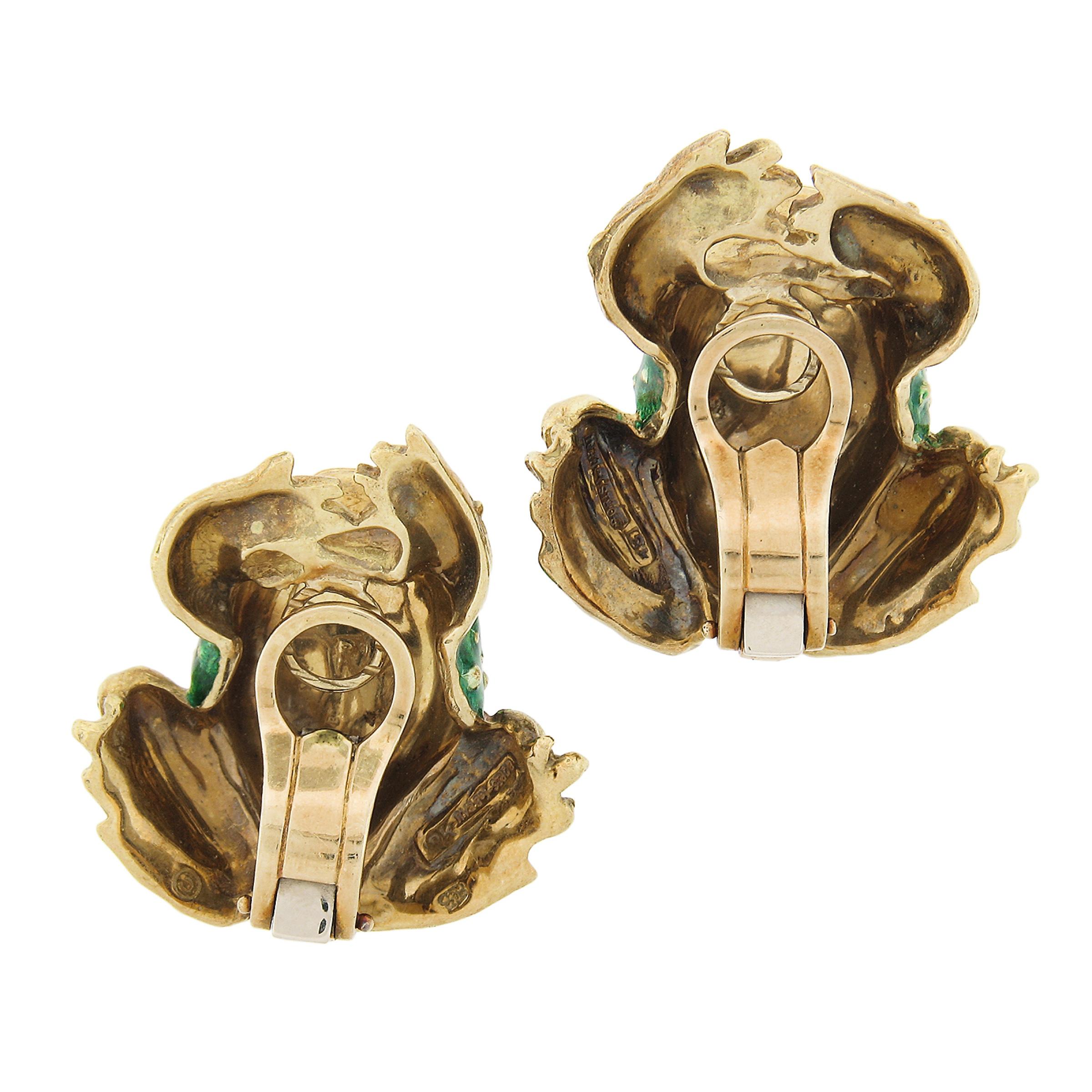 Cabochon Boris Le Beau 18k Gold Detailed Green Enamel Ruby Eye Large Frog ClipOn Earrings For Sale