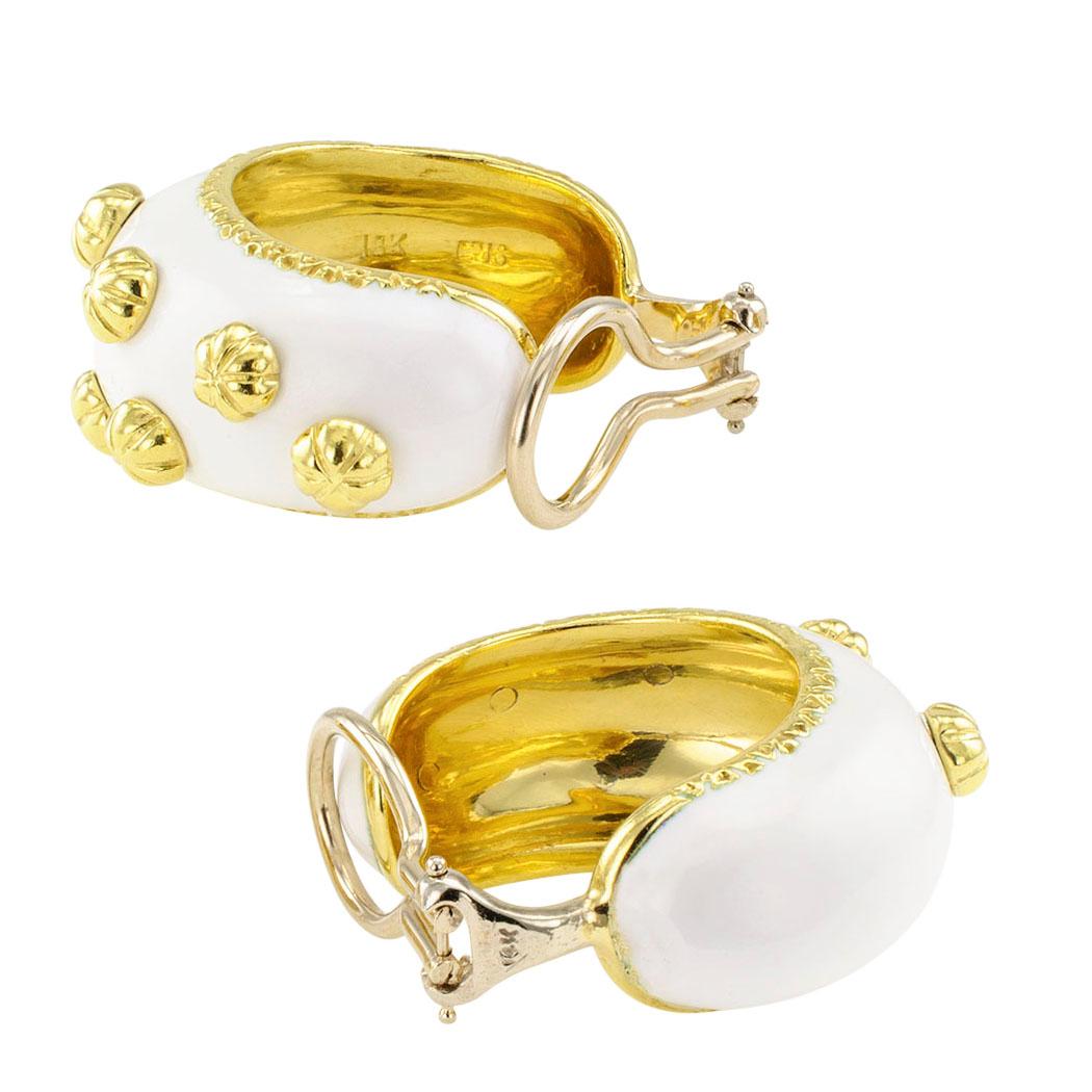 Modern Boris Le Beau White Enamel Gold Earrings