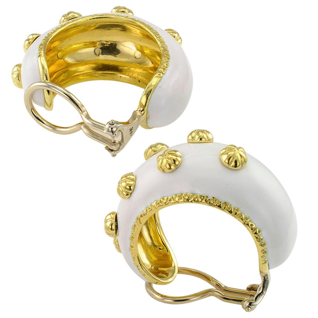 Boris Le Beau White Enamel Gold Earrings 1