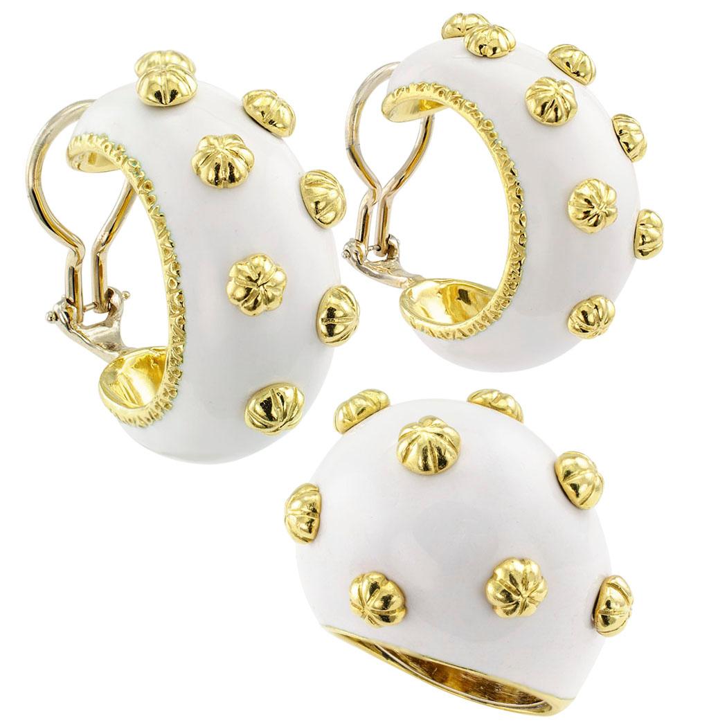 Boris Le Beau White Enamel Gold Earrings 2