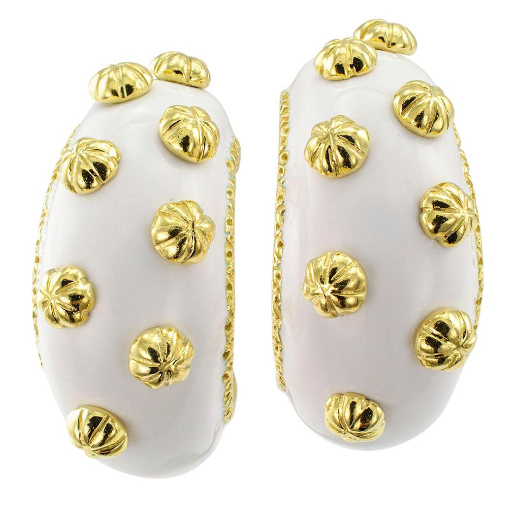 Boris Le Beau White Enamel Gold Earrings