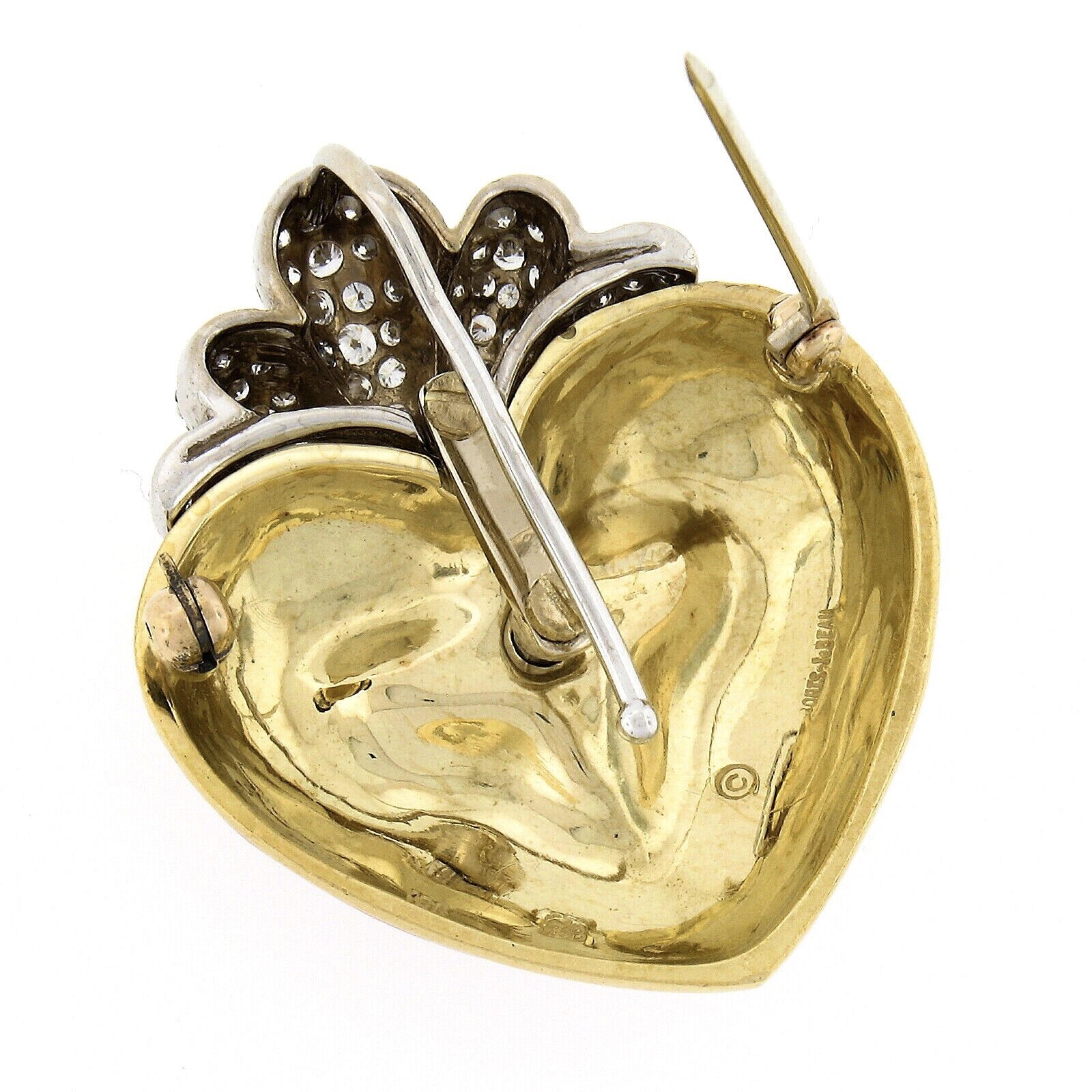 Brilliant Cut Boris LeBeau 18k TT Gold Deep Pink Enamel W/ Diamond Textured Heart Pin Brooch For Sale