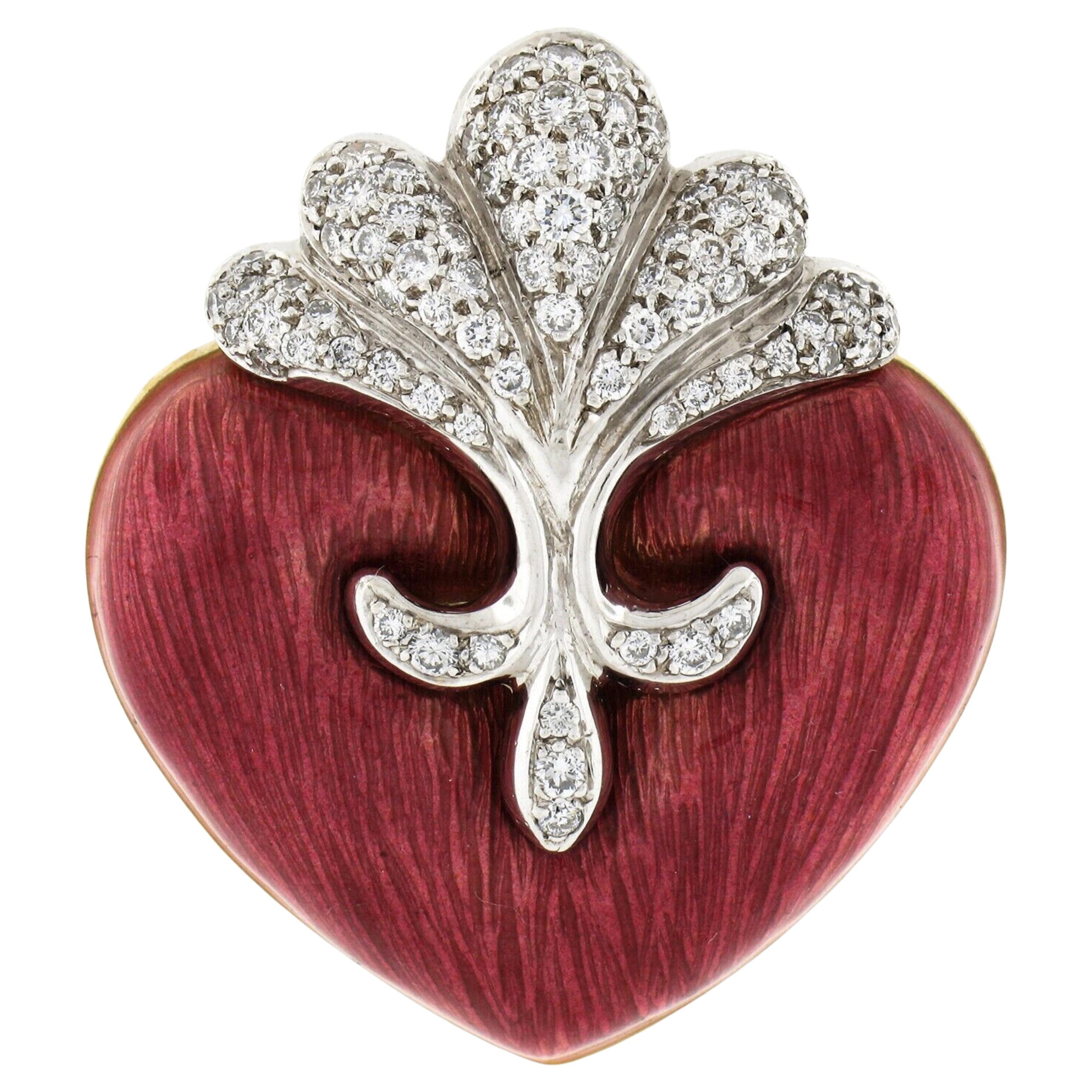 Boris LeBeau 18k TT Gold Deep Pink Enamel W/ Diamond Textured Heart Pin Brooch For Sale