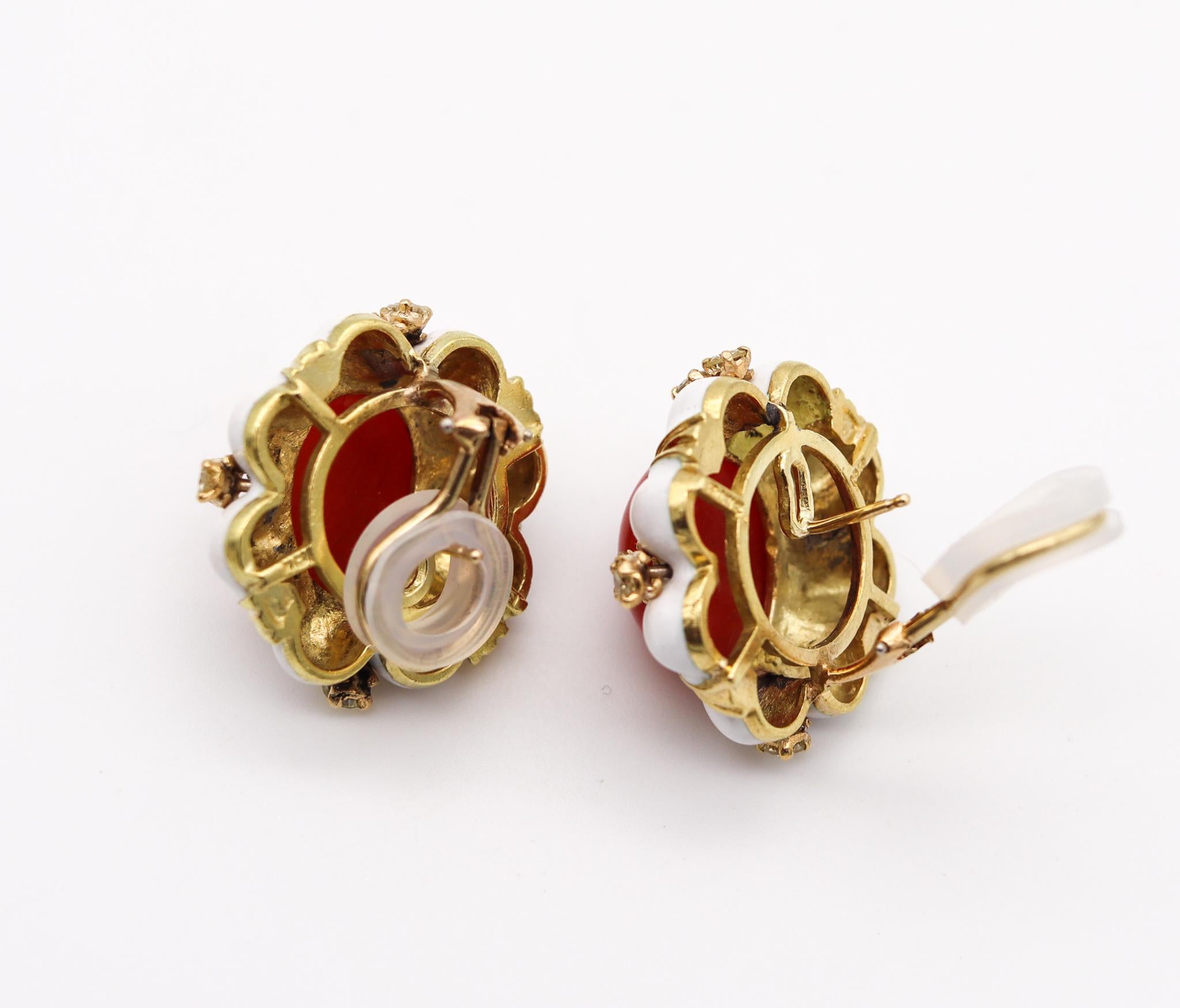 Baroque Revival Boris LeBeau 1970 White Enamel Clip Earrings 18K Gold 23.12 Ctw Coral & Diamonds