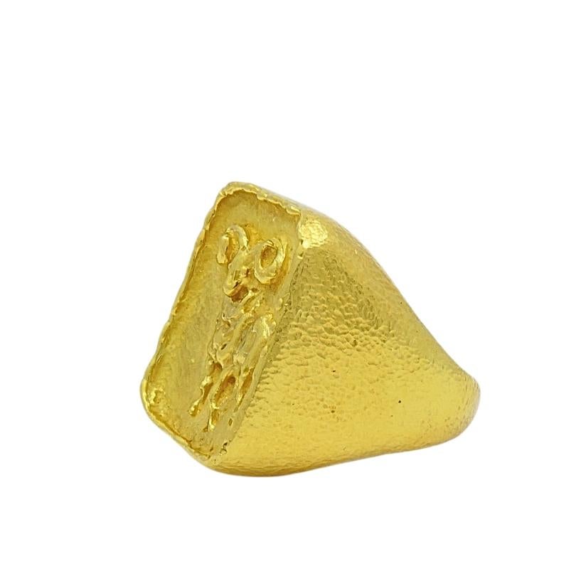Women's or Men's Boris Lebeau 22k Gold Signet Ring Aries Zodiac Sign For Sale
