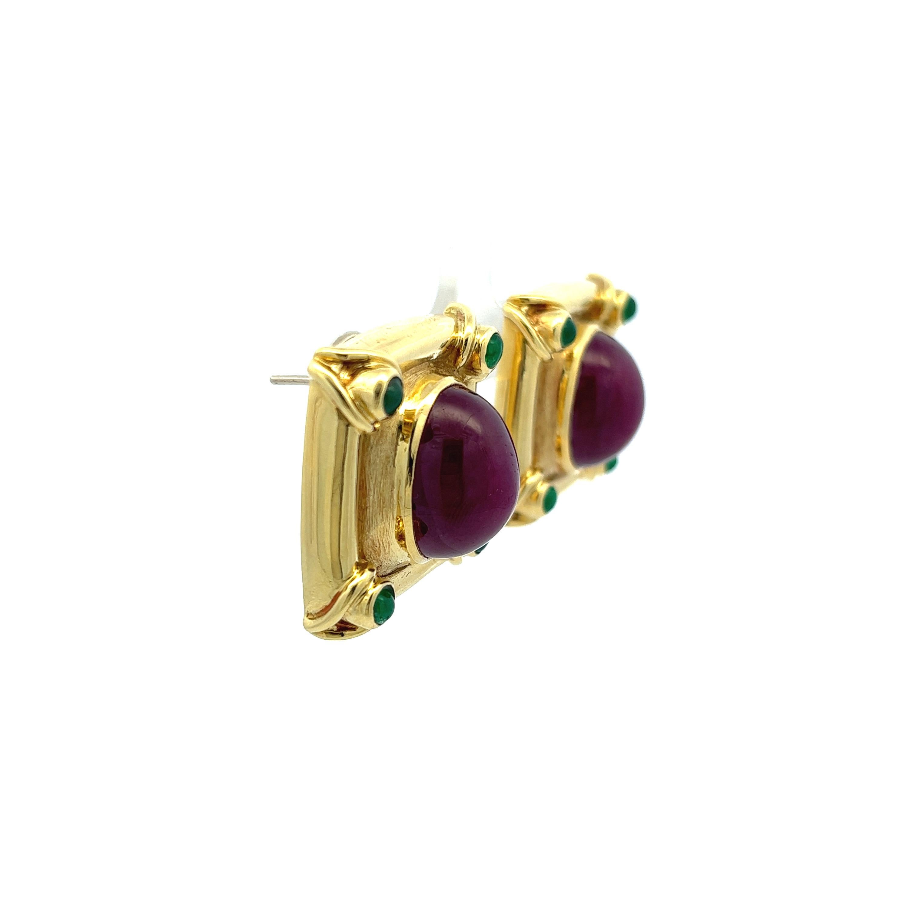 Modern Boris Lebeau 36ctw Ruby and Emerald 18 Karat Yellow Gold Chunky Earrings  For Sale