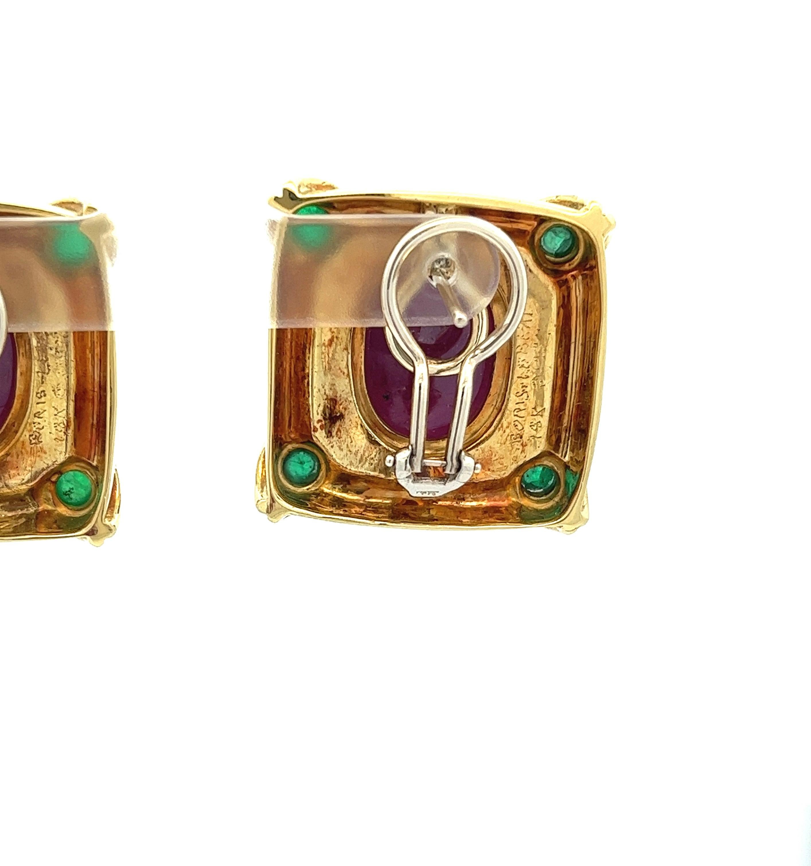 Women's Boris Lebeau 36ctw Ruby and Emerald 18 Karat Yellow Gold Chunky Earrings  For Sale