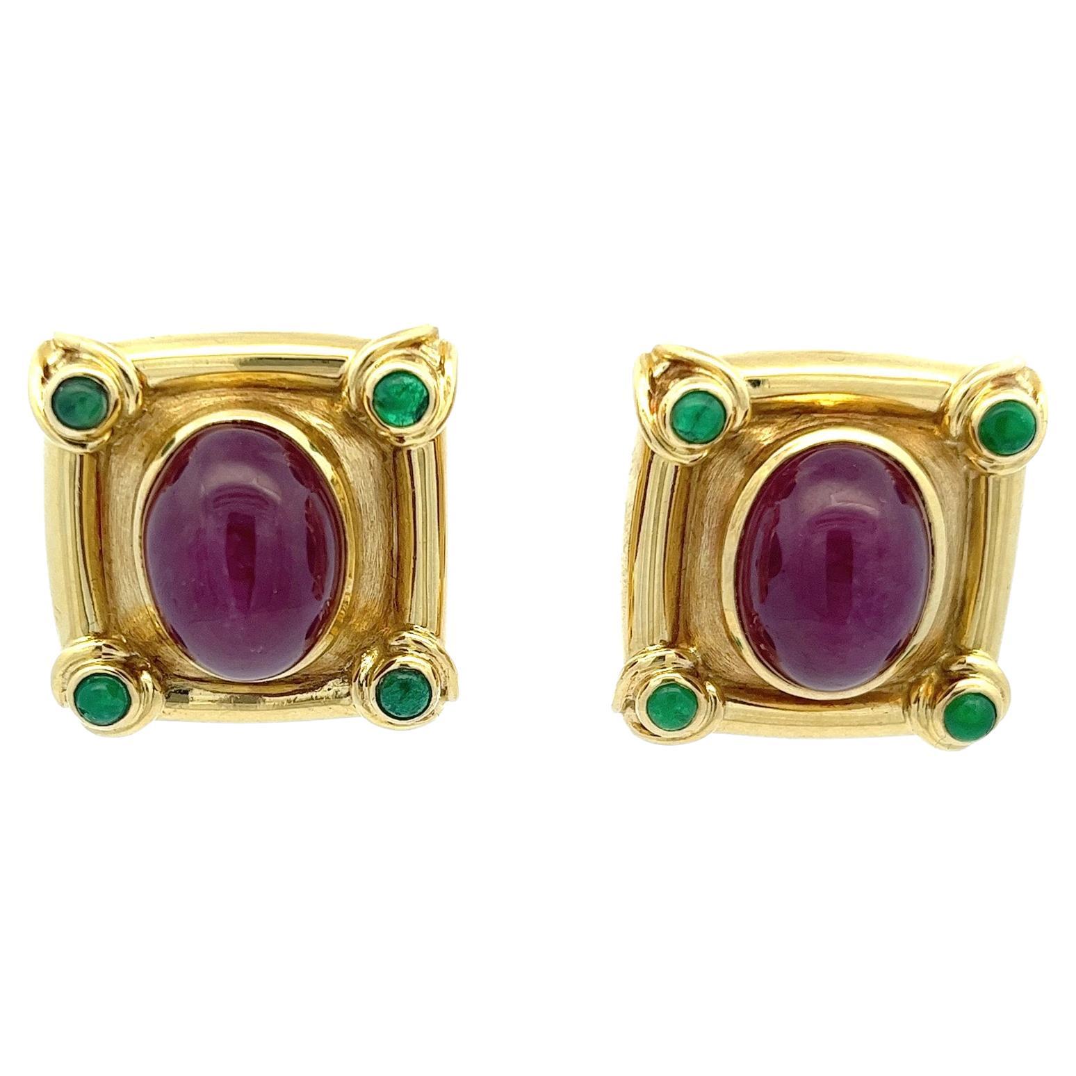 Boris Lebeau 36ctw Ruby and Emerald 18 Karat Yellow Gold Chunky Earrings  For Sale