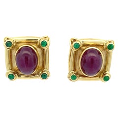 Retro Boris Lebeau 36ctw Ruby and Emerald 18 Karat Yellow Gold Chunky Earrings 