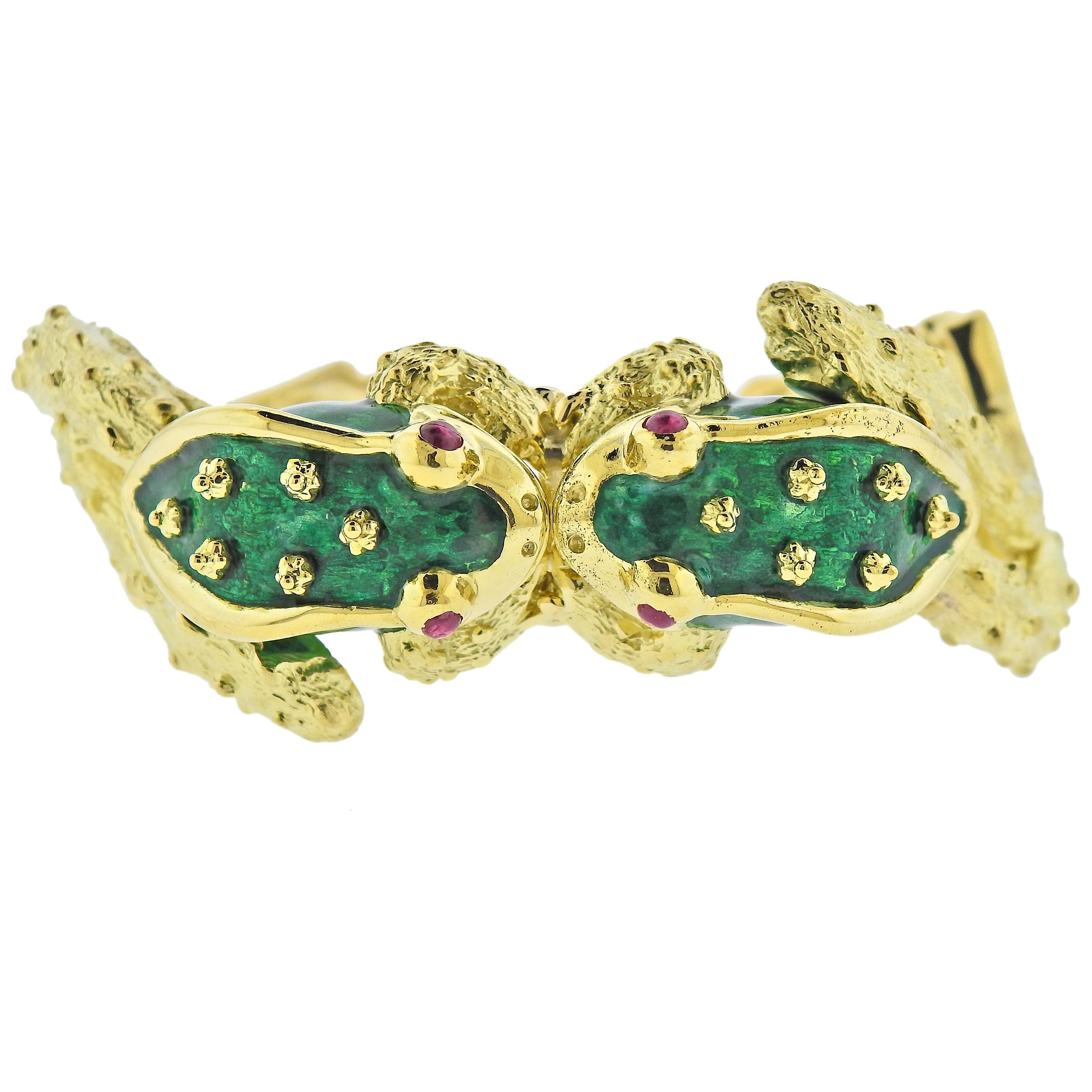 Boris LeBeau Ruby Enamel Gold Frog Cuff Bracelet For Sale