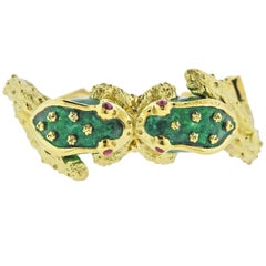 Vintage Boris LeBeau Ruby Enamel Gold Frog Cuff Bracelet