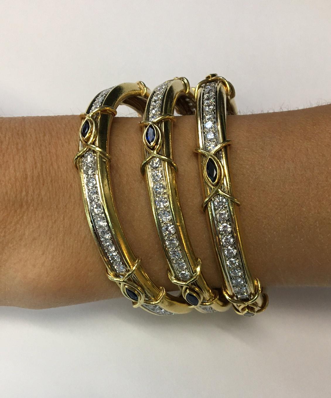 Round Cut Boris Lebeau Set of 3 Diamond Sapphire 18 Karat Gold Bangle Bracelets For Sale