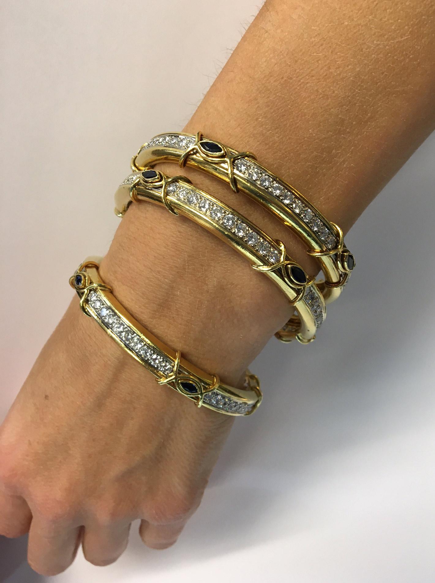 Boris Lebeau Set of 3 Diamond Sapphire 18 Karat Gold Bangle Bracelets In Excellent Condition For Sale In New York, NY