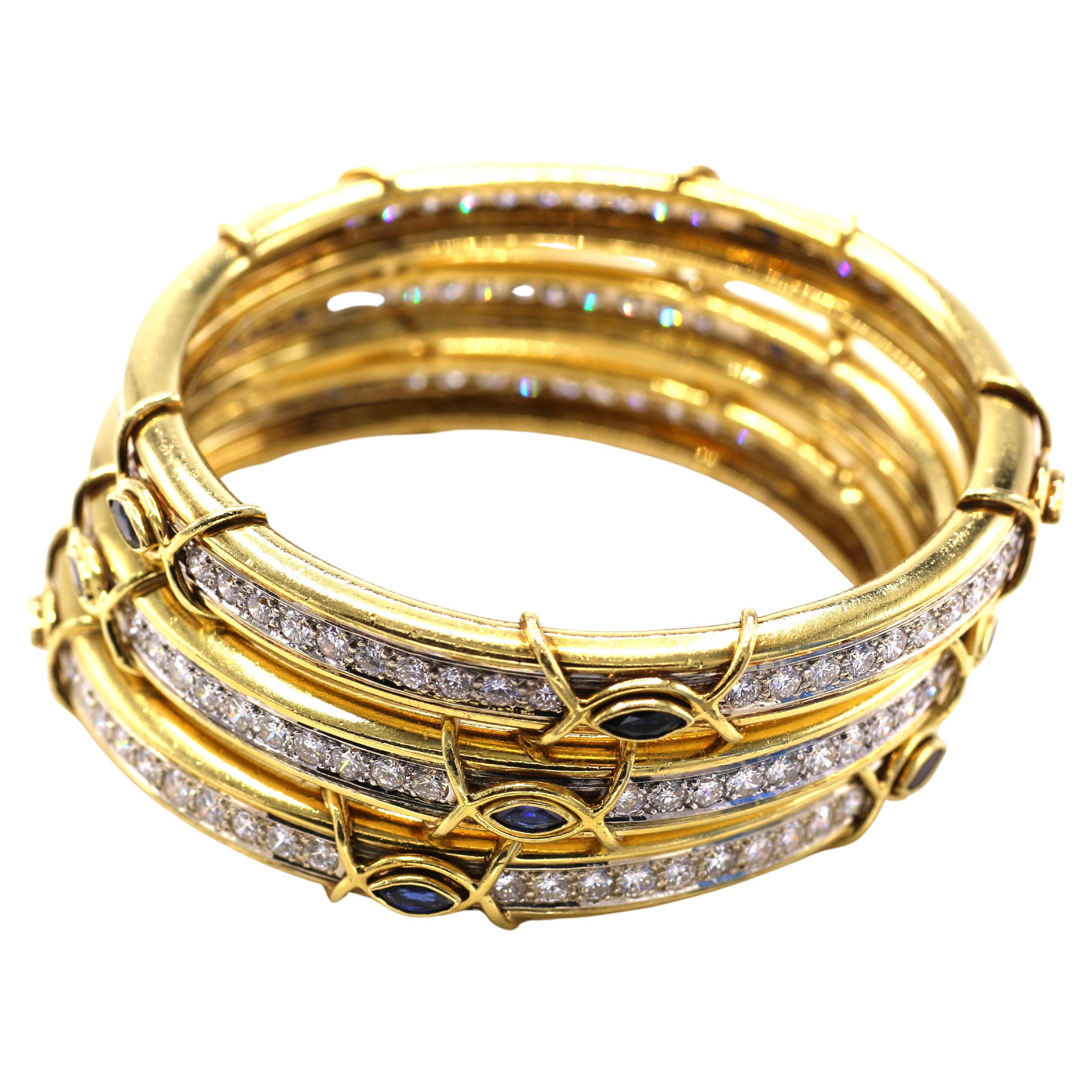 Boris Lebeau Set of 3 Diamond Sapphire 18 Karat Gold Bangle Bracelets For Sale