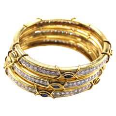 Vintage Boris Lebeau Set of 3 Diamond Sapphire 18 Karat Gold Bangle Bracelets