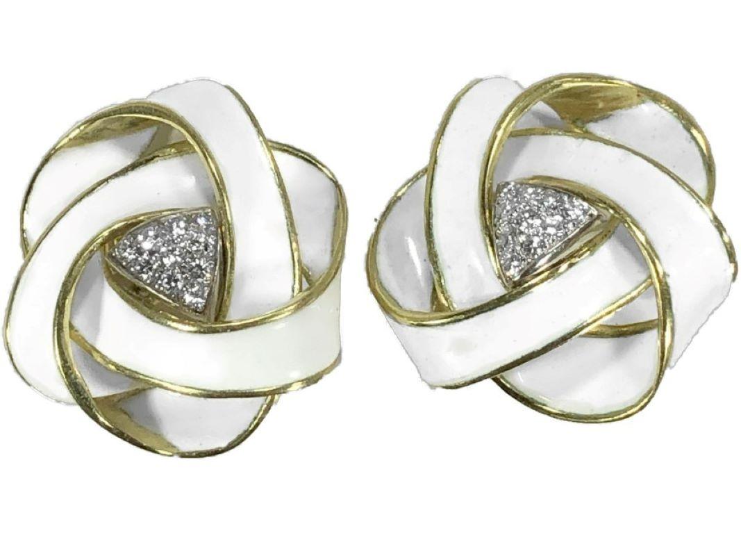 Brilliant Cut Boris LeBeau Yellow Gold & White Enamel Large Knot Earrings with Diamond Centers