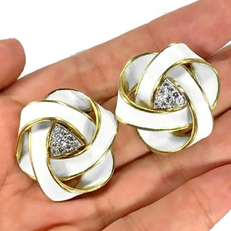 Boris LeBeau Yellow Gold & White Enamel Large Knot Earrings with Diamond Centers In Good Condition In Palm Beach, FL