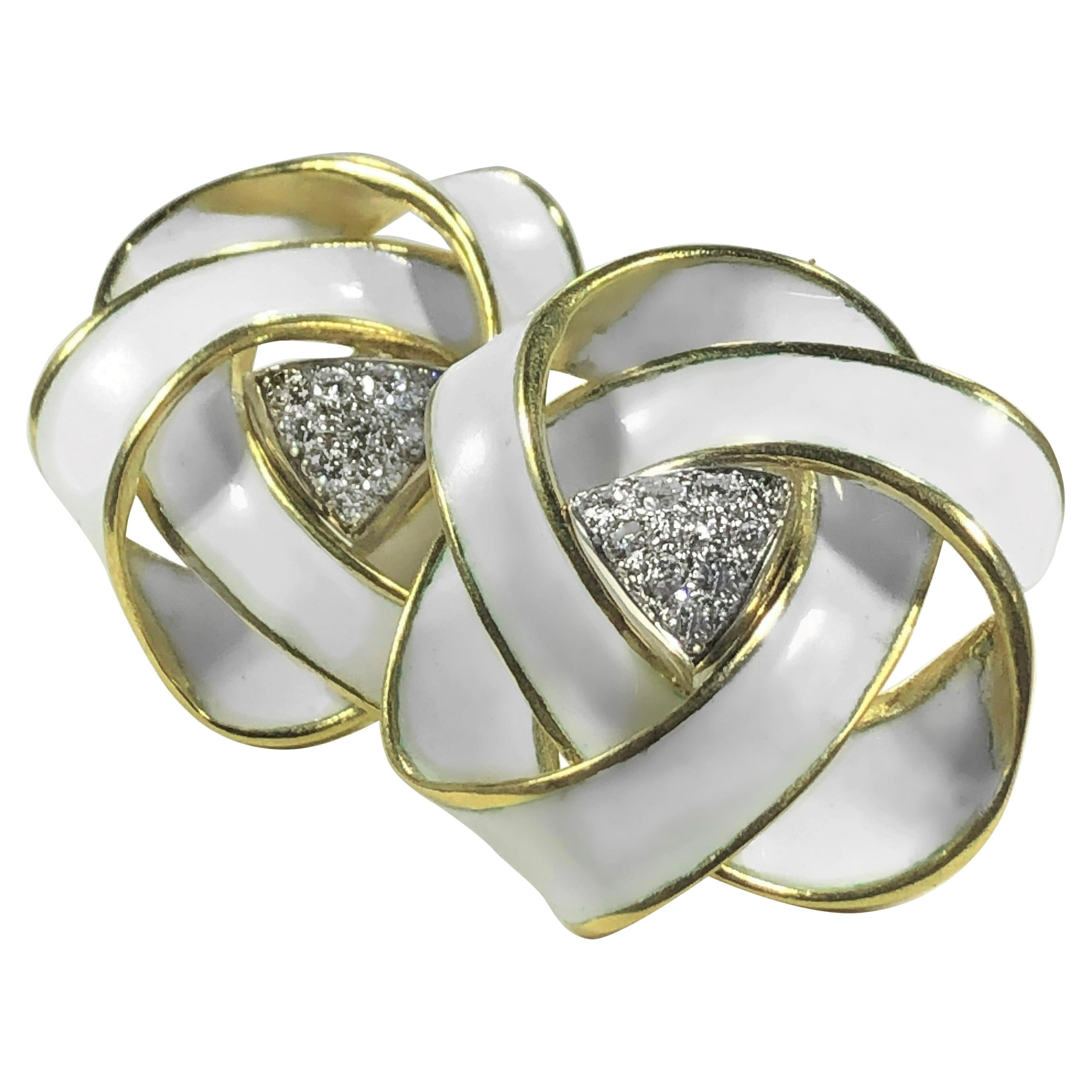 Boris LeBeau Yellow Gold & White Enamel Large Knot Earrings with Diamond Centers
