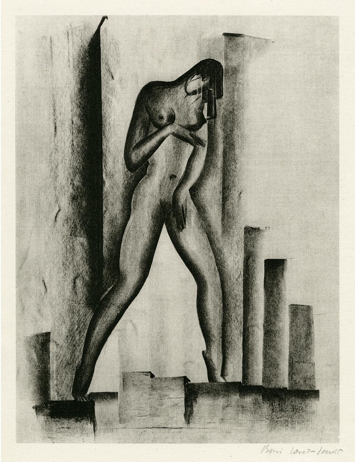 Boris Lovet-Lorski Nude Print - Untitled (Nude with Buildings)