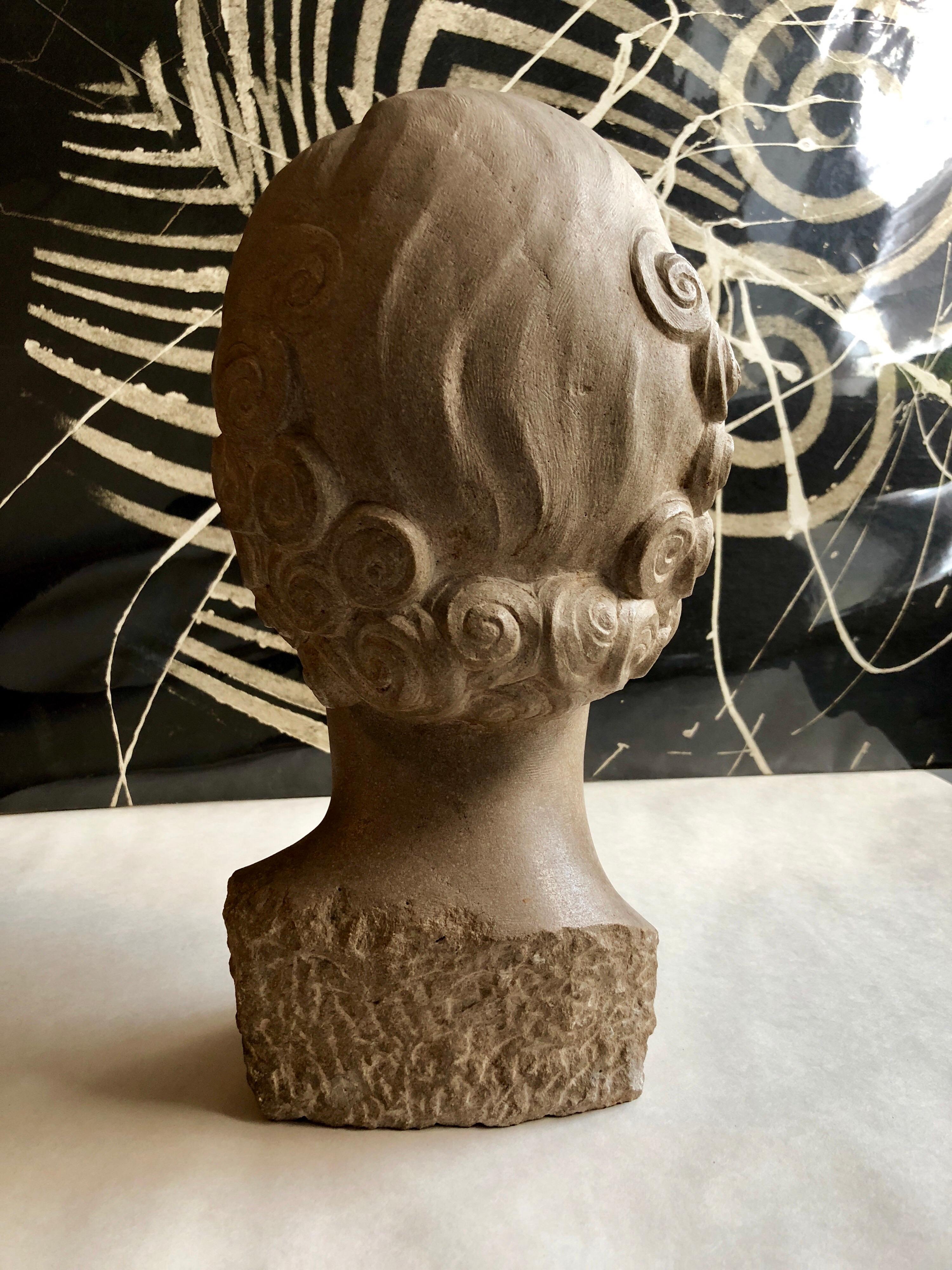 Art Deco Sculpture Flapper Womans Head Xenozane Marble Stone - Brown Figurative Sculpture by Boris Lovet-Lorski