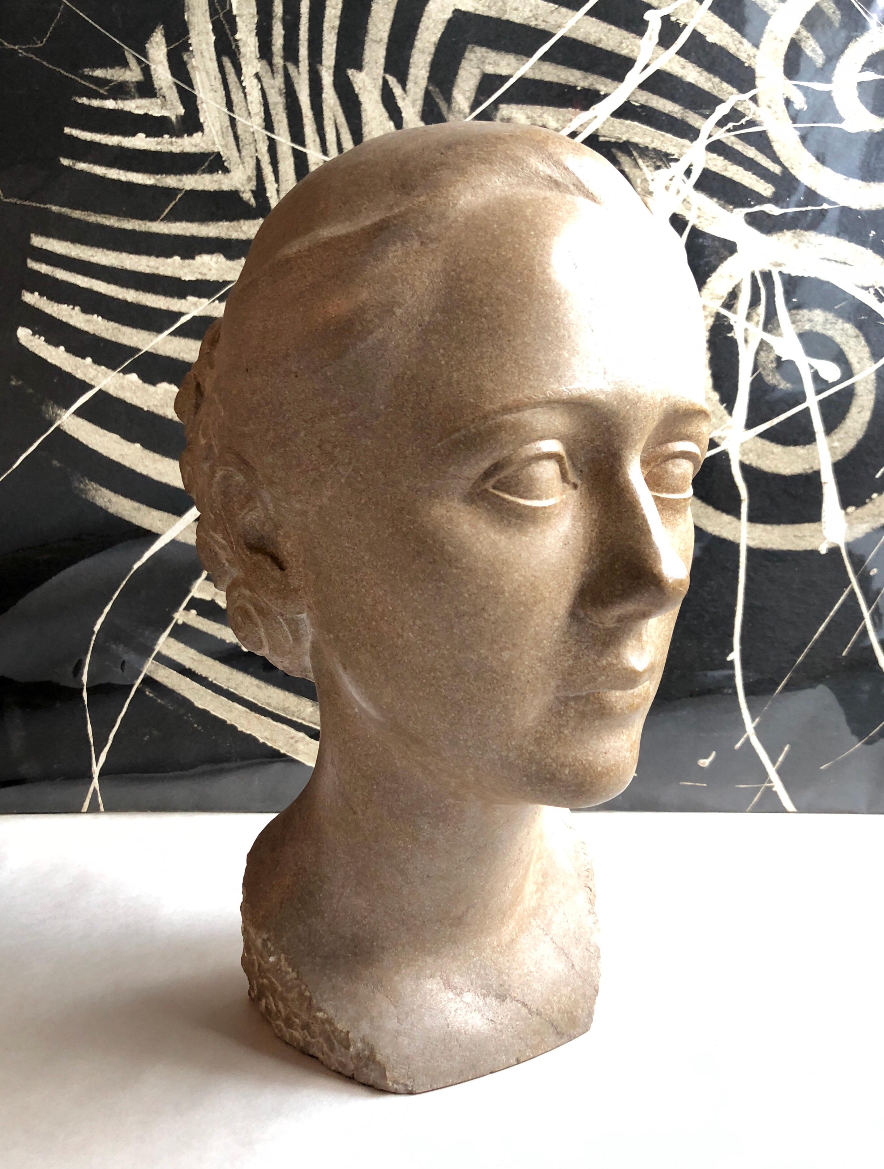 Art Deco Sculpture Flapper Womans Head Xenozane Marble Stone 1