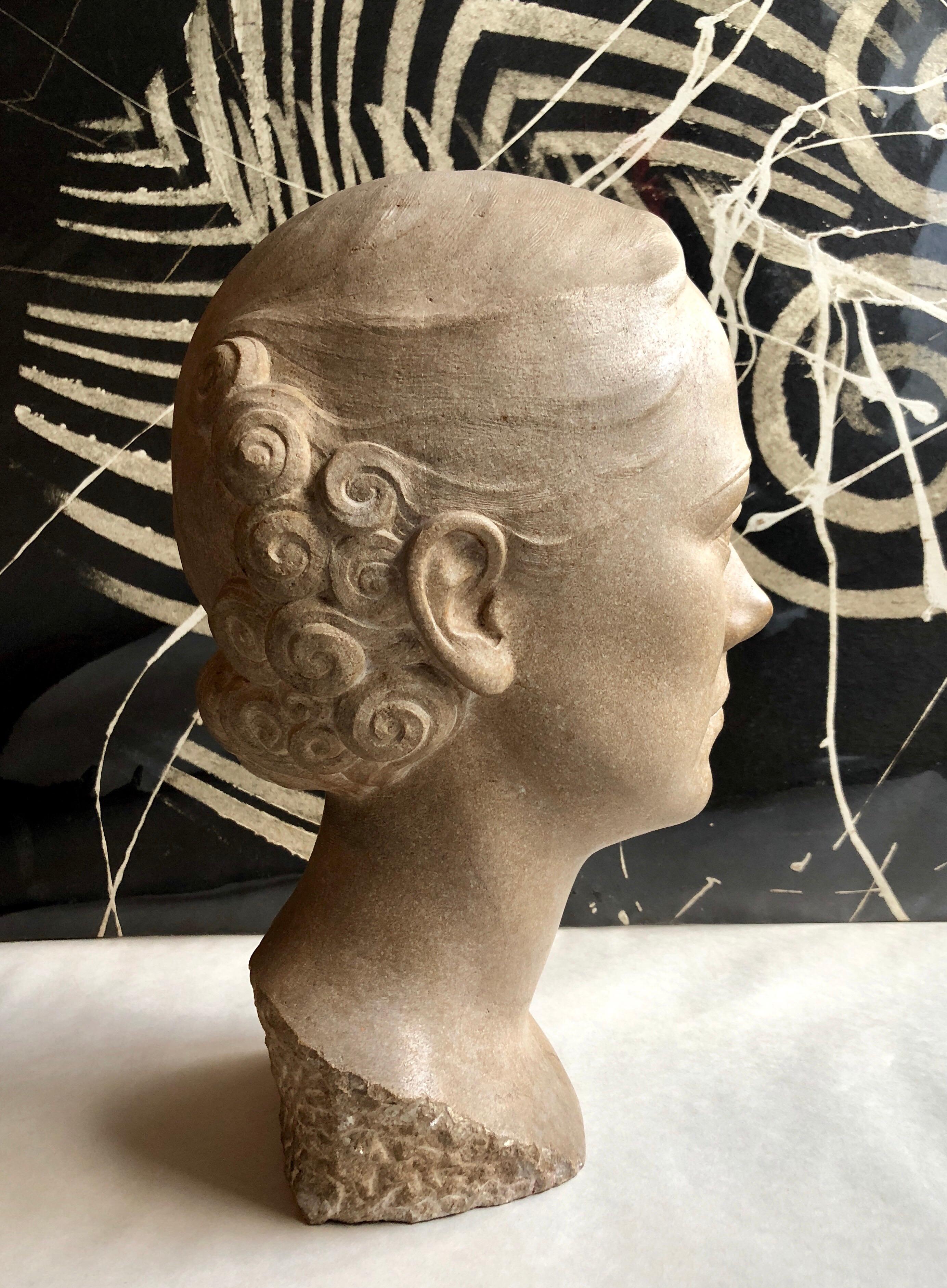 Art Deco Sculpture Flapper Womans Head Xenozane Marble Stone 2
