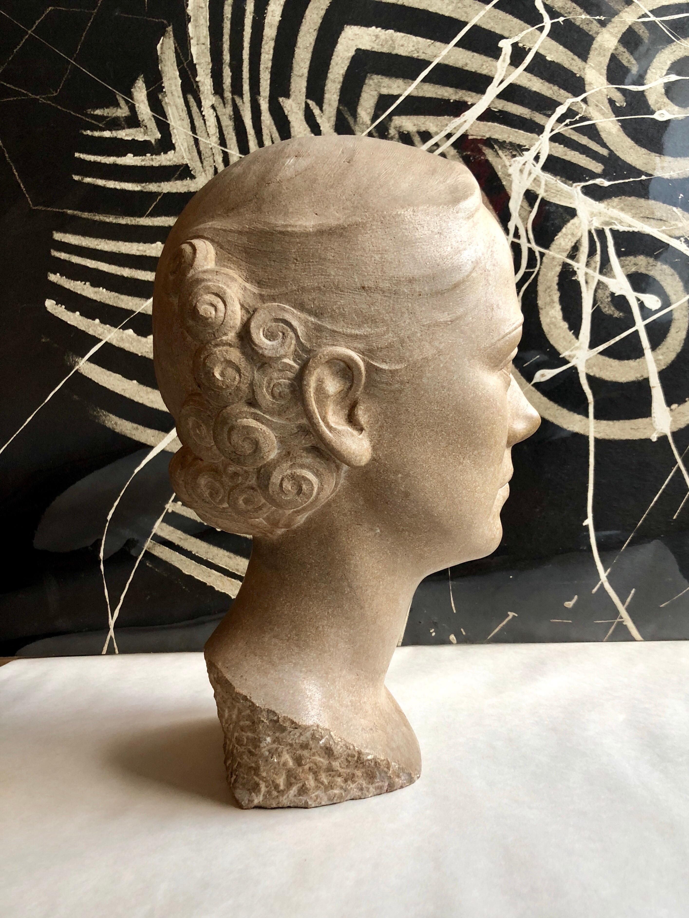 Art Deco Sculpture Flapper Womans Head Xenozane Marble Stone 3