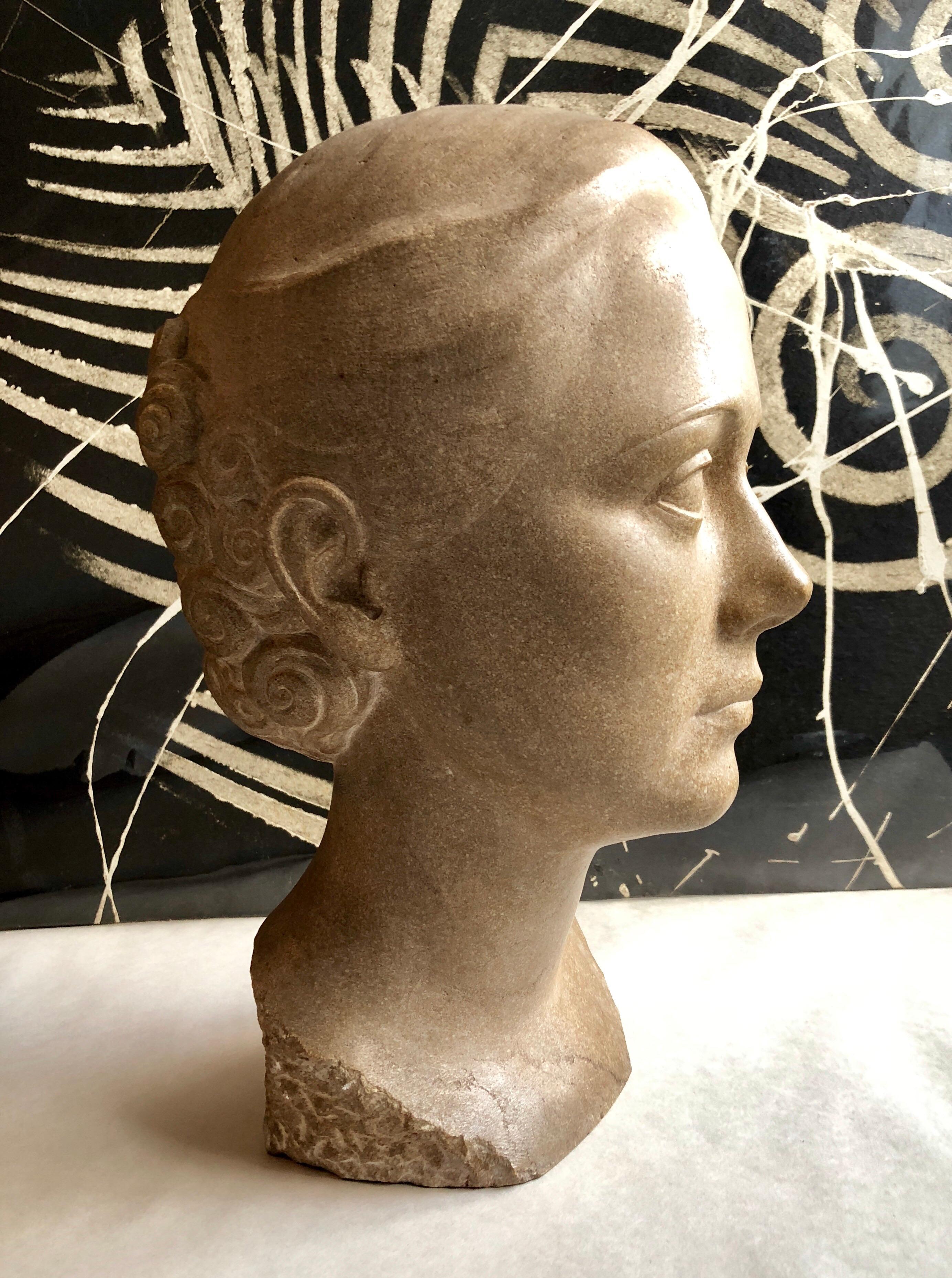 Boris Lovet-Lorski Figurative Sculpture - Art Deco Sculpture Flapper Womans Head Xenozane Marble Stone