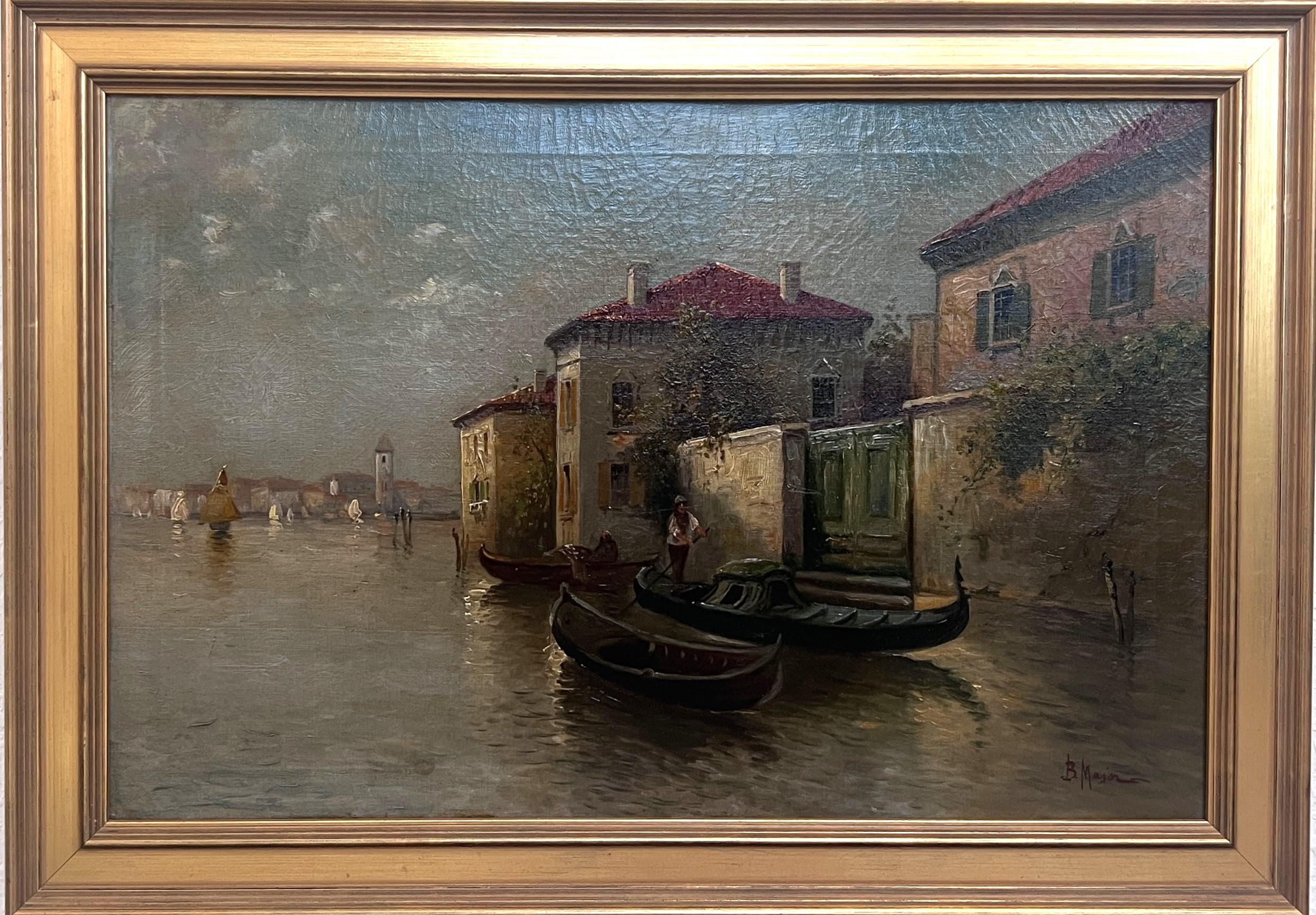 Questo dipinto di Boris Major raffigura una serena scena di canale veneziano con gondole ormeggiate vicino a edifici rustici. L'architettura è caratterizzata da toni caldi e terrosi, con pareti in pietra consumata e tetti di tegole rosse che evocano