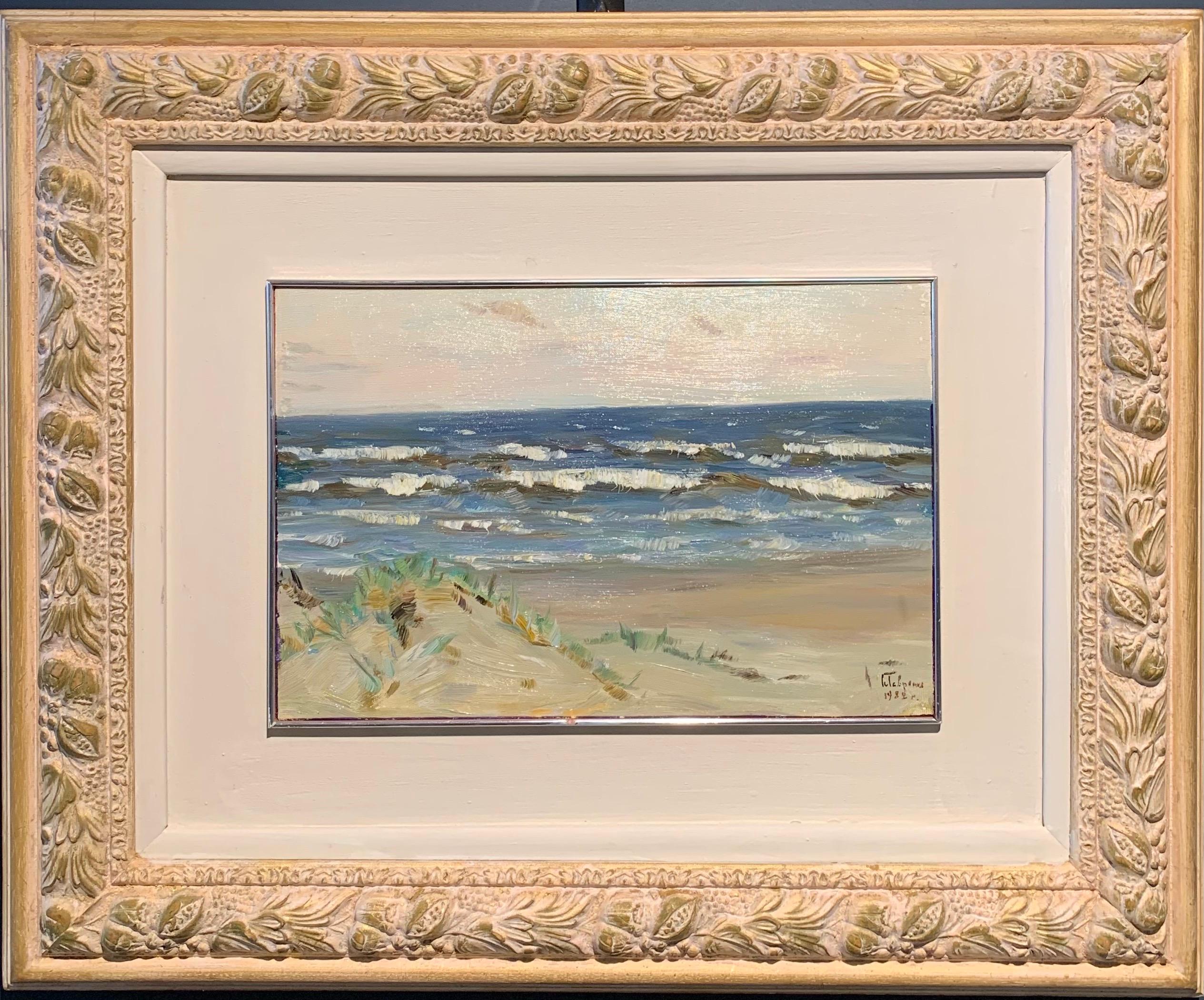 Landscape Painting di Boris Mikhailovich Lavrenko - "Spiaggia sull'oceano" estate, dune, mare Olio cm. 33 x 22  1982